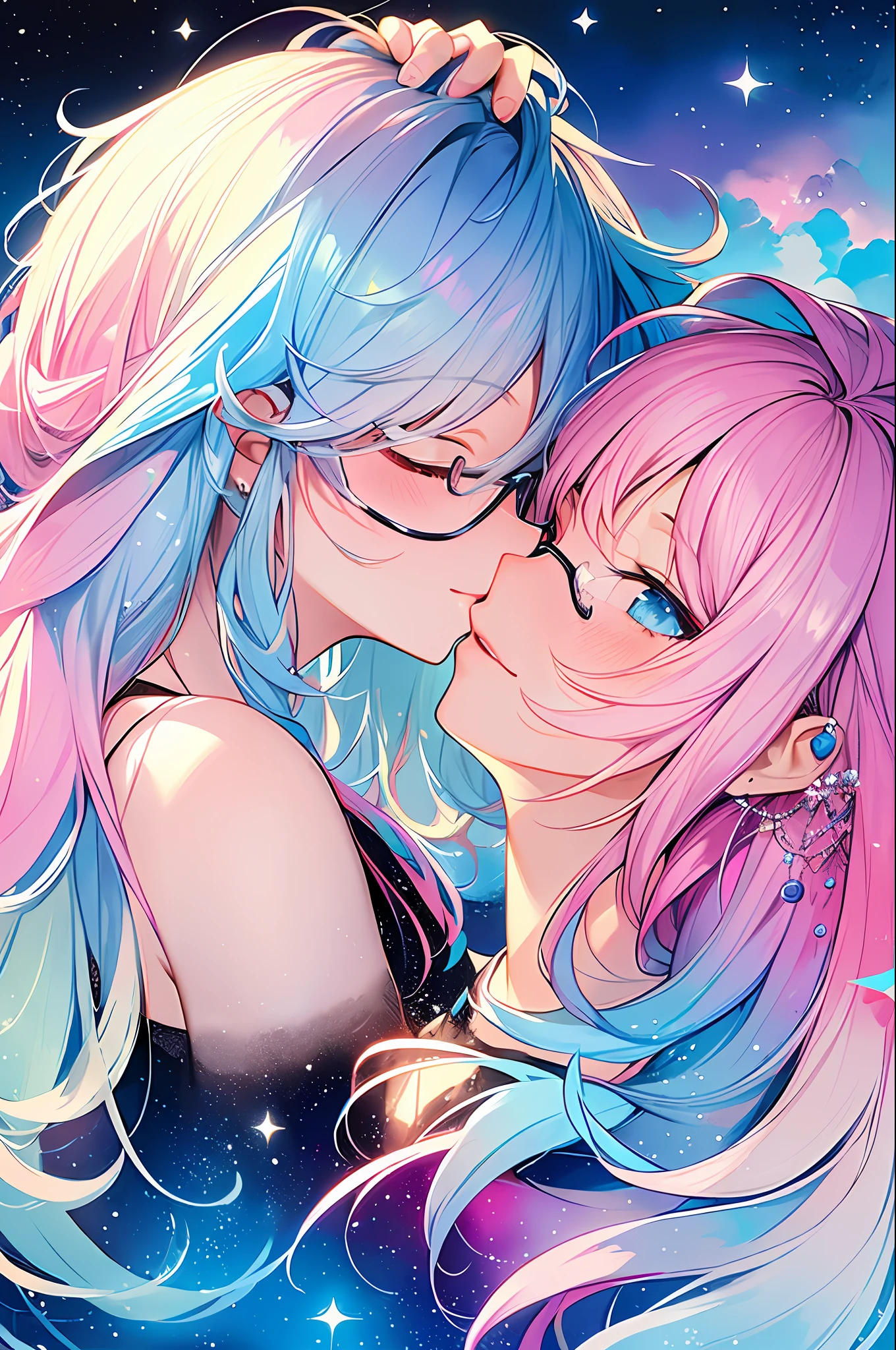 (Masterpiece, Top Quality, Best Quality, Watercolor (Medium), Official Art, Beautiful and Aesthetic: 1.2), (1 Girl: 1.3), (Fractal Art: 1.3), Upper Body, From the Side, Look at the Viewer, Pattern, (Iridescent Hair, Colorful Hair, Half Blue and Half Pink Hair: 1.2), Water, Liquid, Clouds, Colorful, Starry Sky, Stars, Smile, Glasses, Close-up, Heterochromia, (Colorful: 1.5), Eyes Closed, Blush, ((Kiss: 1.2))