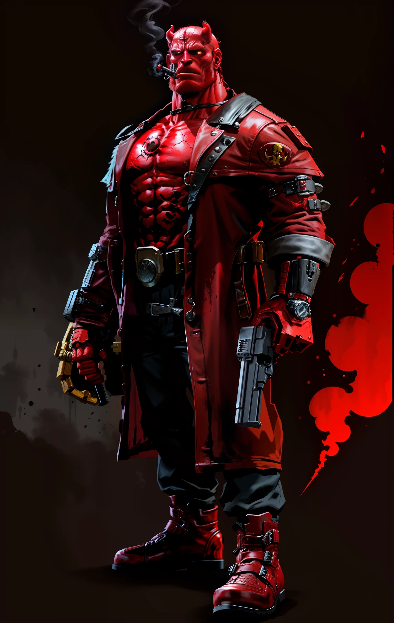 1 man, digitally painted, Terminator and Hellboy crossed, standing, full length, white background, balding, bearded, pair of sawn-off red horns on head, face half Hellboy and half Terminator, red well-developed muscles, half chest revealing Terminator's mechanics, wearing Hellboy's trench coat and utility belt, one red arm revealing Terminator's metal endoskeleton, holding a pistol, other hand wearing huge red metal glove, cigarette in mouth ,