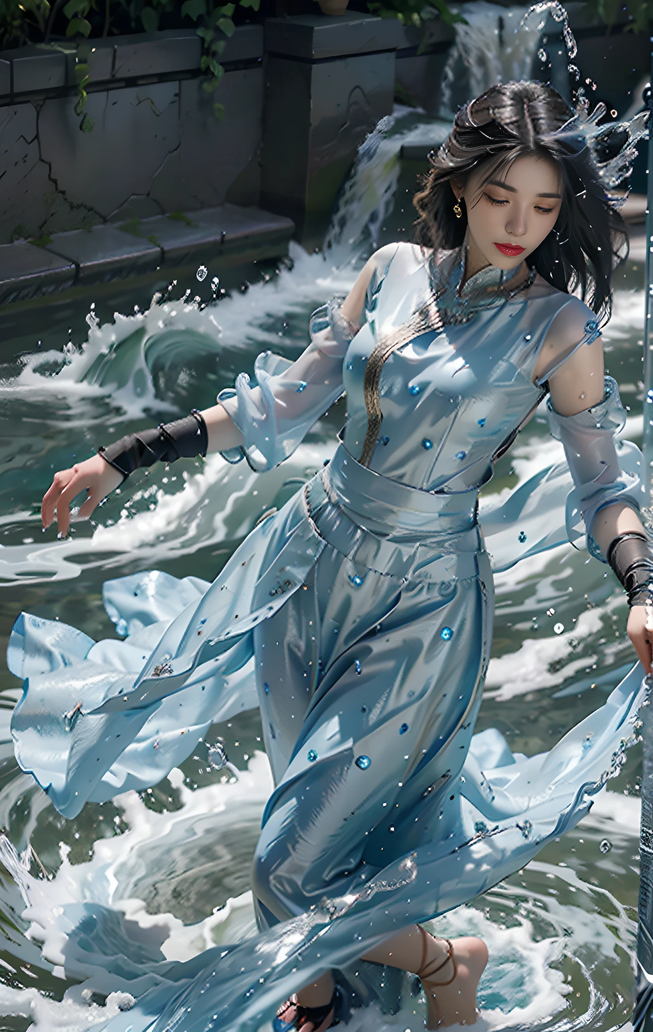 best quality, masterpiece, super high resolution, (realistic: 1.4) 1 girl, beautiful_face, detailed skin, full body, water mage, entangled water magic, manipulating water, water splash, splash, transparent, jewelry, solo, earrings, (water: 1.3), blur, realistic, lips,