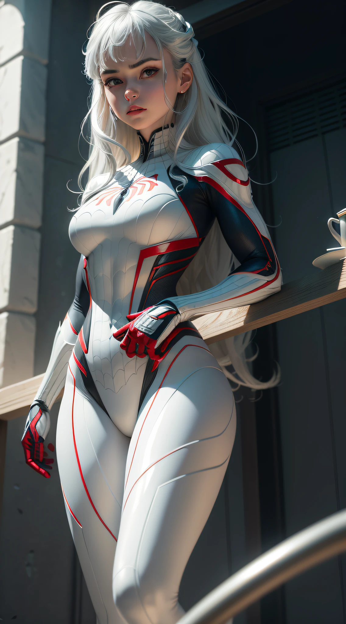 (Extreme Detail CG Unity 8K wallpaper, masterpiece, high quality), (Exquisite lighting and shadow, highly dramatic image, cinematic lens effect), a girl in a white Spider-Man costume, silver gray hair color, from the parallel universe of Spider-Man, Wenger, Marvel, Spider-Man, standing on the edge of a skyscraper, dynamic pose), (excellent detail, excellent lighting, wide angle),  (excellent rendering, enough to stand out in its class), focus on white Spider-Man costumes, complex spider textures