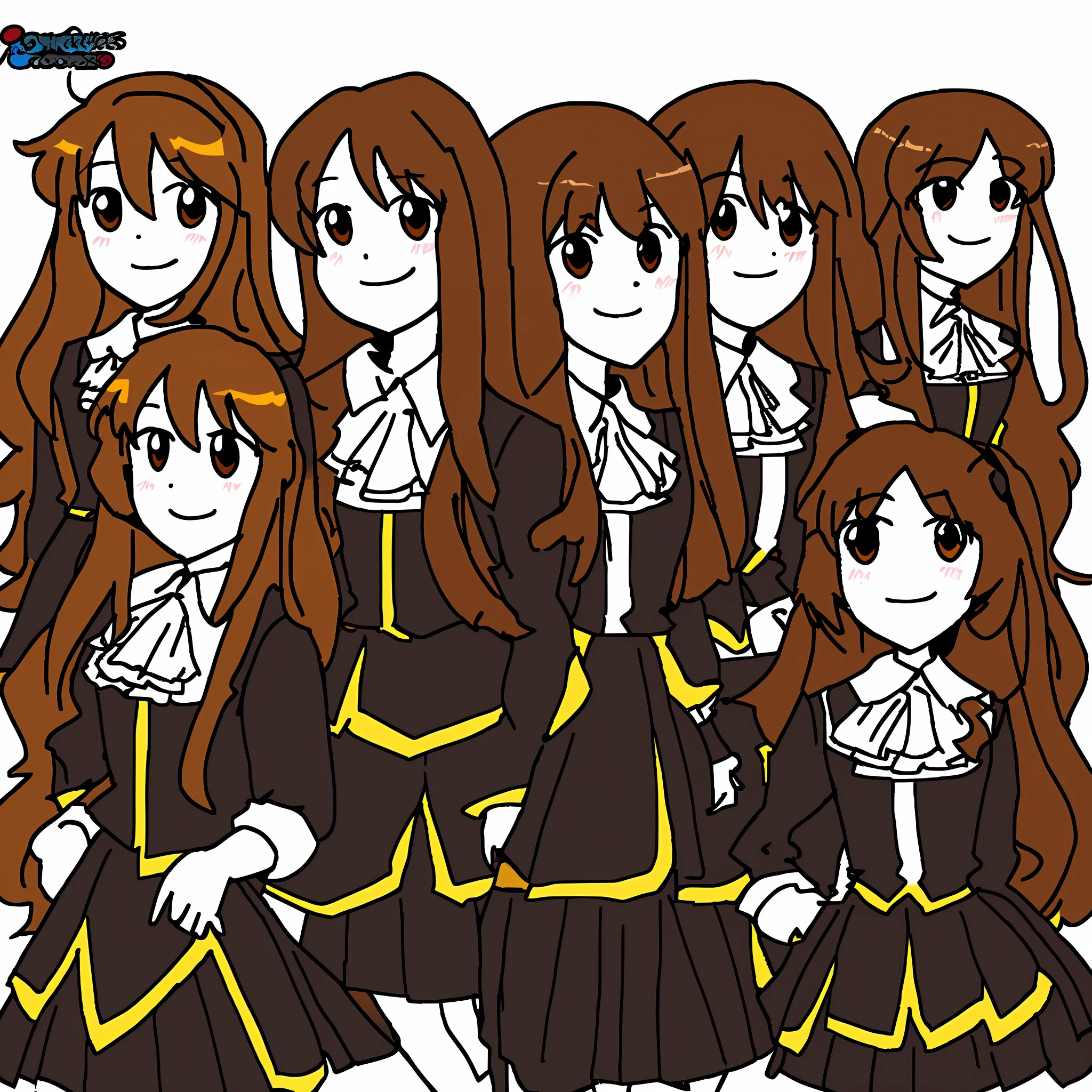 tokacomics, cartoon, drawing, (smug:0.7), 4girls, :d, ;d, highres, long hair, multiple girls, identical girls, clones, brown hair, curly hair, smile, hazel eyes, skirt suits, matching outfits, matching hairstyle