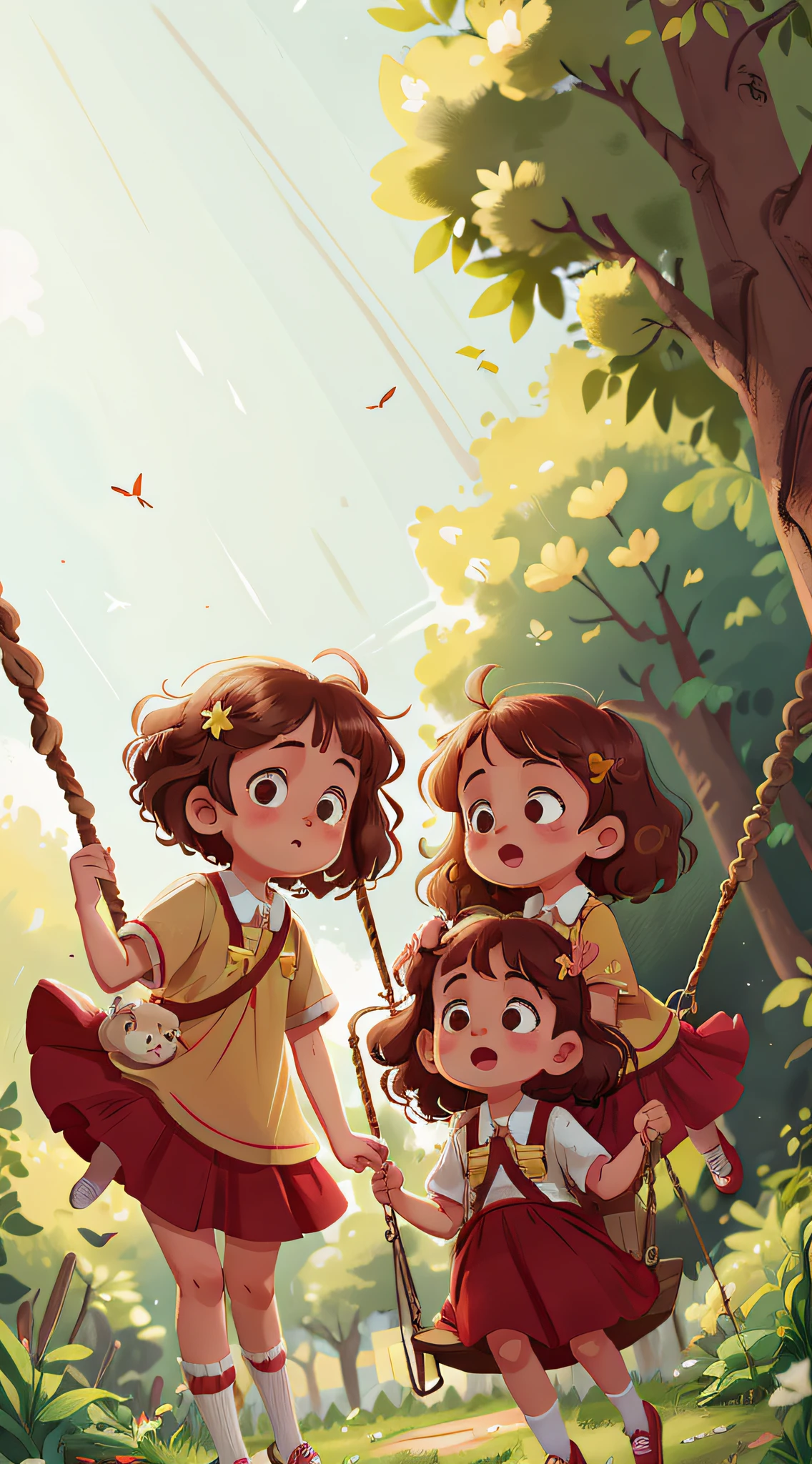 Two girls, twins, curly brown hair, on the swing of the park