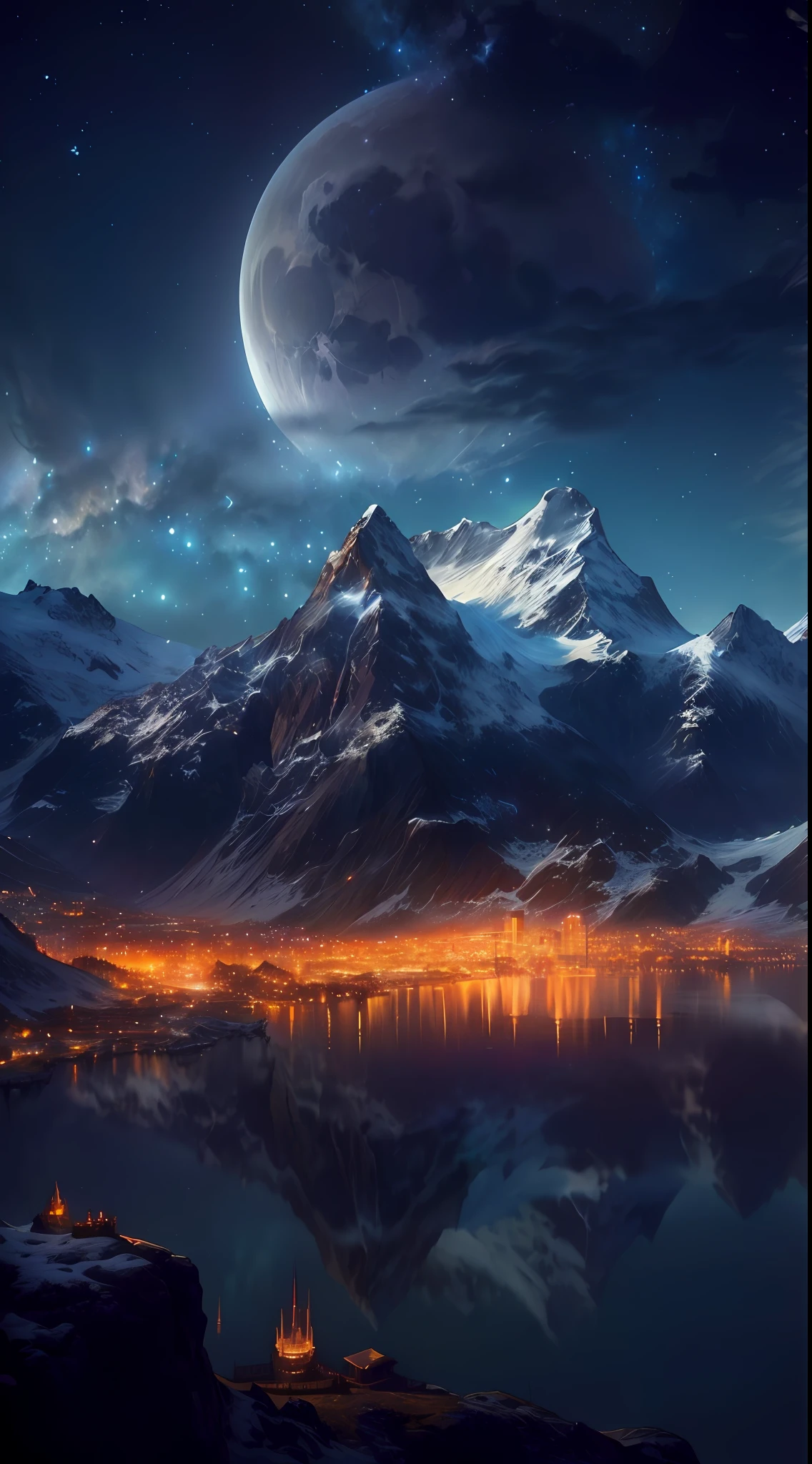 mountains and a lake with a moon in the sky, 4k highly detailed digital art, 4 k hd wallpaper very detailed, impressive fantasy landscape, sci-fi fantasy desktop wallpaper, unreal engine 4k wallpaper, 4k detailed digital art, sci-fi fantasy wallpaper, epic dreamlike fantasy landscape, 4k hd matte digital painting, 8k stunning artwork,sakura tree,fuji mountain, milkyway