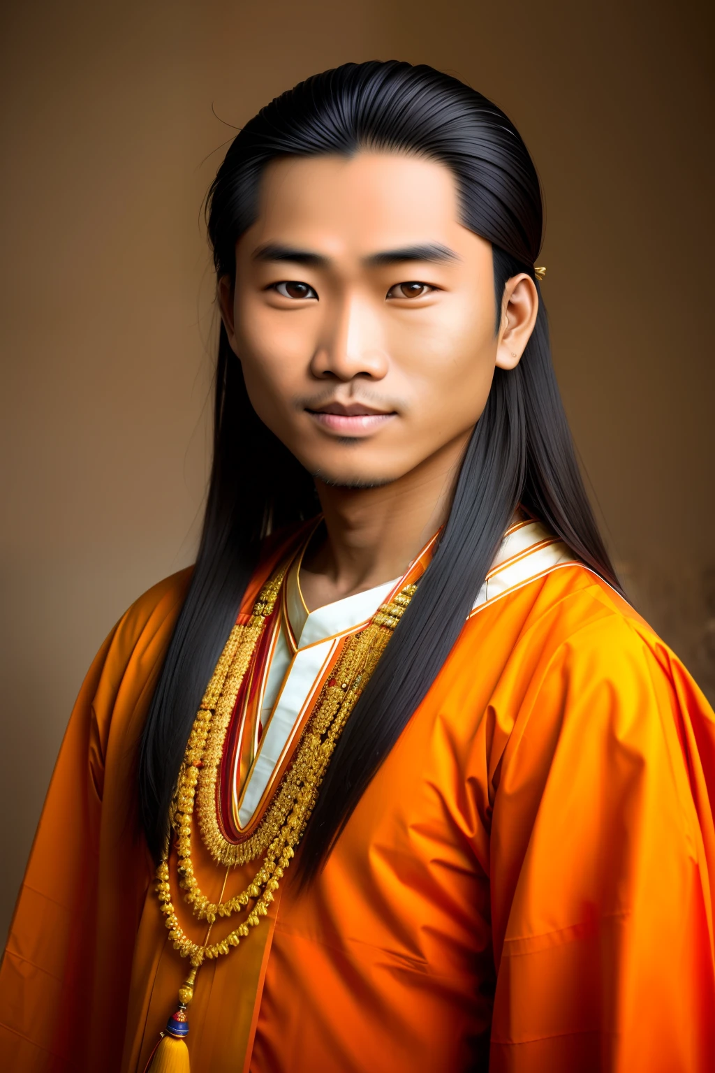 Orange skin tone,tall Burmese guy,with long hair, attractive type, stareing at the camera,best quality realistic photo, Burmese traditional dress