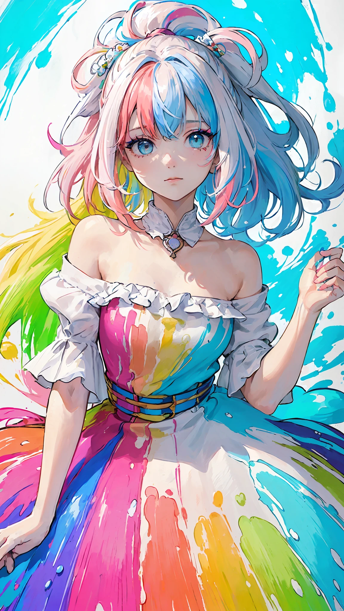 （Pink Fashion T-shirt：1.9），(Colorful hair: 1.8), (all the colours of the rainbow: 1.8),(((((vertical painting：1.6))), （painting：1.6），front, comics, illustrations, paintings, large eyes, crystal clear eyes,（ rainbow color gradient high ponytail：1.7）, exquisite makeup, closed mouth,(Small Fresh: 1.5),(Wipe Chest: 1.6) ，long eyelashes, white off shoulder T-shirt,  White Shoulder Shirt，looking at the audience, large watery eyes, (rainbow colored hair：1.6), color splash, （solo：1.8）, color splash, color explosion, thick paint style, messy lines, ((shining))，(colorful), (colorful), (colorful), colorful, Thick Paint Style, (Splash) (Color Splash), Vertical Painting, Upper Body, Paint Splash, Acrylic Pigment, Gradient, Paint, Highest Image Quality, Highest Quality, Masterpiece, Solo, Depth of Field, Face Paint,  colorful clothes, (Elegant: 1.2), gorgeous,long hair, wind, (Elegant: 1.3), (Petals: 1.4)，(((masterpiece))),(((best quality))),((ultra-detailed)),(illustration),(dynamic angle),((floating)),(paint),((disheveled hair)),(solo),(1girl) , (((detailed anima face))),((beautiful detailed face)),collar,bare shoulders,white hair, ((colorful hair)),((streaked hair)),beautiful detailed eyes,(Gradient color eyes),(((colorful eyes))),(((colorful background))),(((high saturation))),(((surrounded by colorful splashes))),