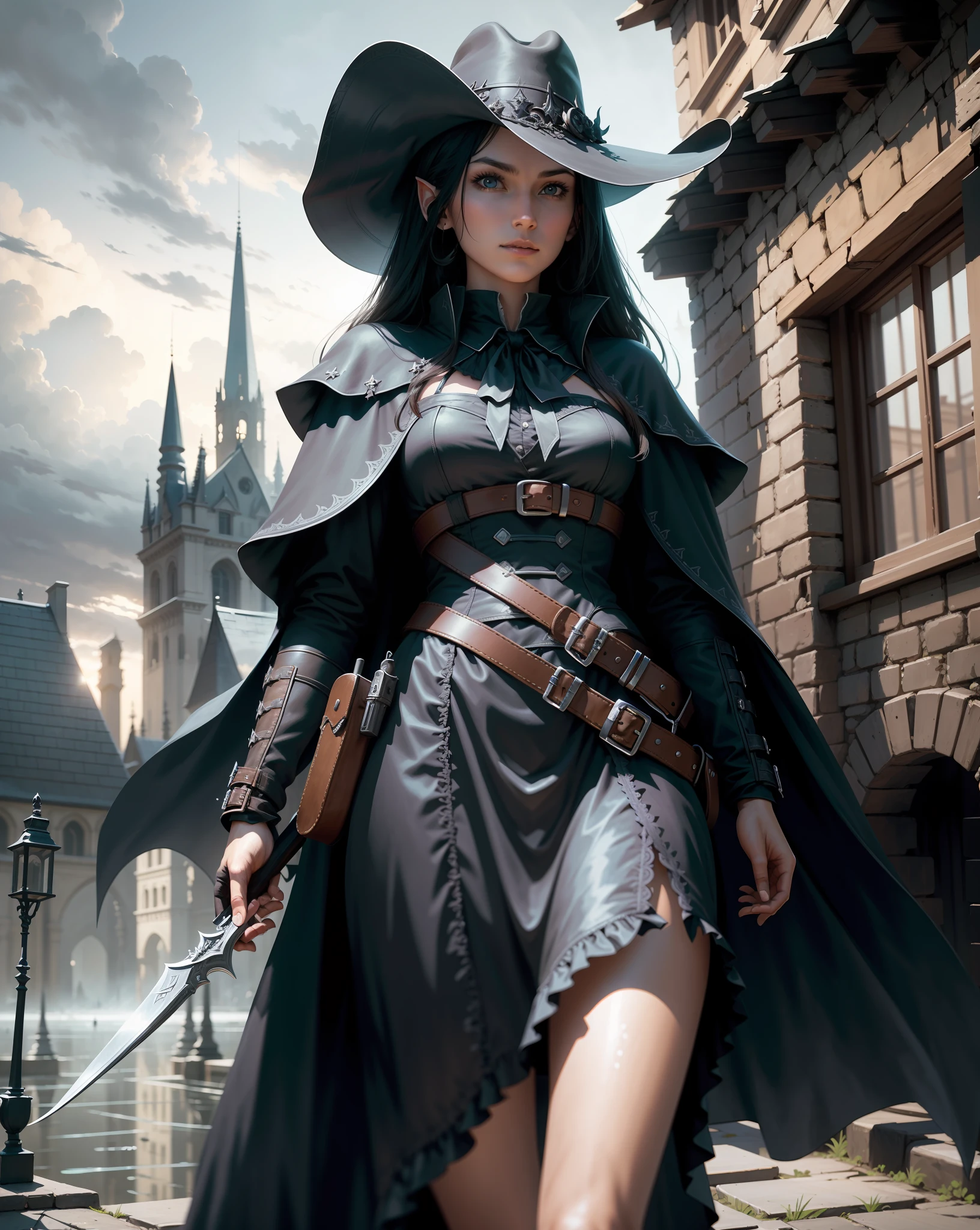 Absurd Resolution, High Resolution, Reflection, Refraction:1.4 Ultra Detailed:1.0 (Illustration, Line Drawing), Masterpiece, Elf, With Sickles, Dexterous, Assassin, Bounty Hunter, Cape, Cowboy Hat, Dark, Dark, Dark Fantasy, Dark Reaper, Black Hair, Dark Image, Gloomy Landscape, Mist, Dark Look, Vampire, Dhampir, European Appearance, Western, Van Helsing, Girl in Black, Assassin
