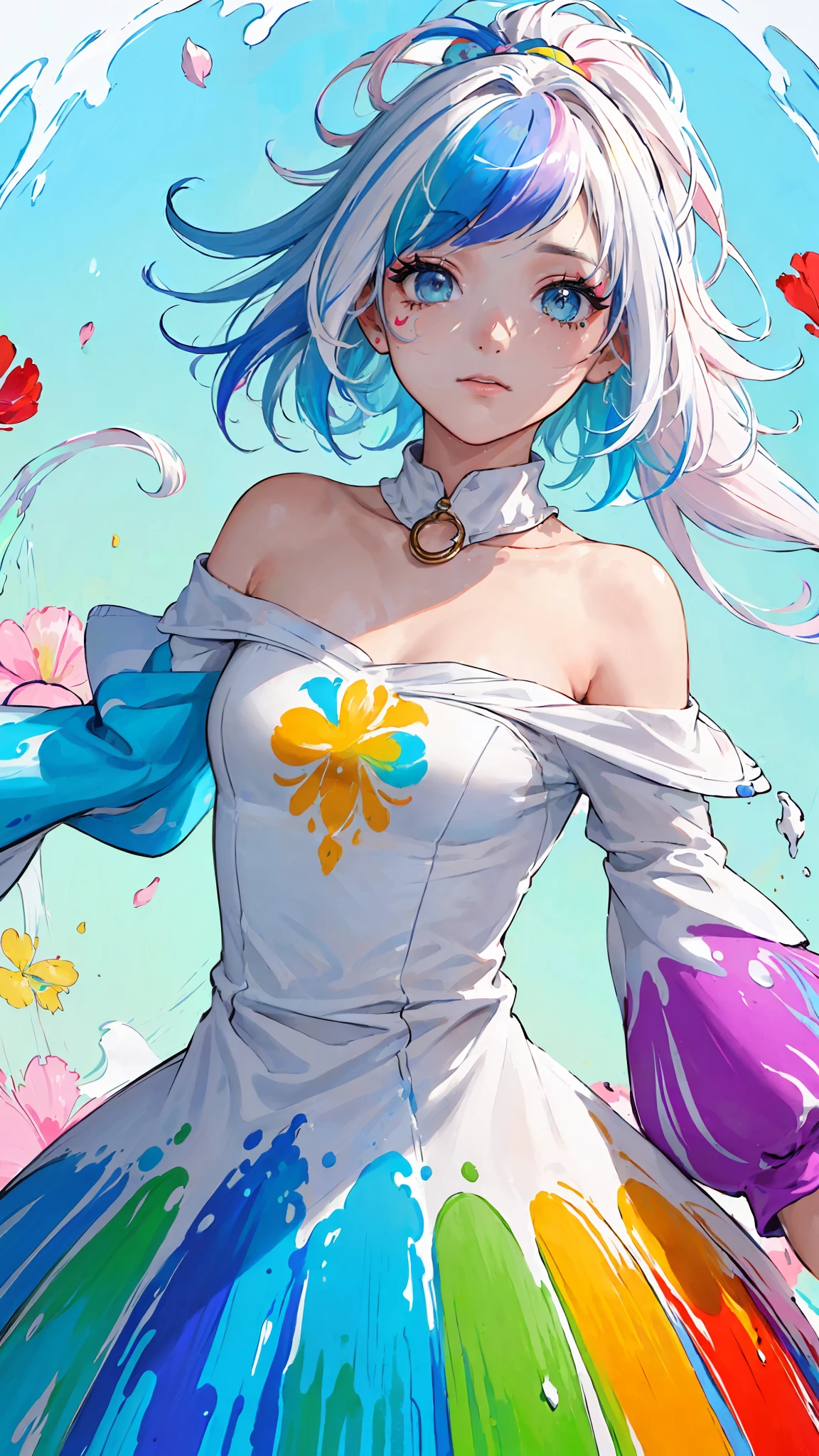(Pink Fashion T-shirt:1.9),(Colorful hair: 1.8), (all the colours of the rainbow: 1.8),(((((vertical painting:1.6))), (painting:1.6),front, comics, illustrations, paintings, large eyes, crystal clear eyes,( rainbow color gradient high ponytail:1.7), exquisite makeup, closed mouth,(Small Fresh: 1.5),(Wipe Chest: 1.6) ,long eyelashes, white off shoulder T-shirt, White Shoulder Shirt,looking at the audience, large watery eyes, (rainbow colored hair:1.6), color splash, (solo:1.8), color splash, color explosion, thick paint style, messy lines, ((shining)),(colorful), (colorful), (colorful), colorful, Thick Paint Style, (Splash) (Color Splash), Vertical Painting, Upper Body, Paint Splash, Acrylic Pigment, Gradient, Paint, Highest Image Quality, Highest Quality, Masterpiece, Solo, Depth of Field, Face Paint, colorful clothes, (Elegant: 1.2), gorgeous,long hair, wind, (Elegant: 1.3), (Petals: 1.4),(((masterpiece))),(((best quality))),((ultra-detailed)),(illustration),(dynamic angle),((floating)),(paint),((disheveled hair)),(solo),(1girl) , (((detailed anima face))),((beautiful detailed face)),collar,bare shoulders,white hair, ((colorful hair)),((streaked hair)),beautiful detailed eyes,(Gradient color eyes),(((colorful eyes))),(((colorful background))),(((high saturation))),(((surrounded by colorful splashes))),