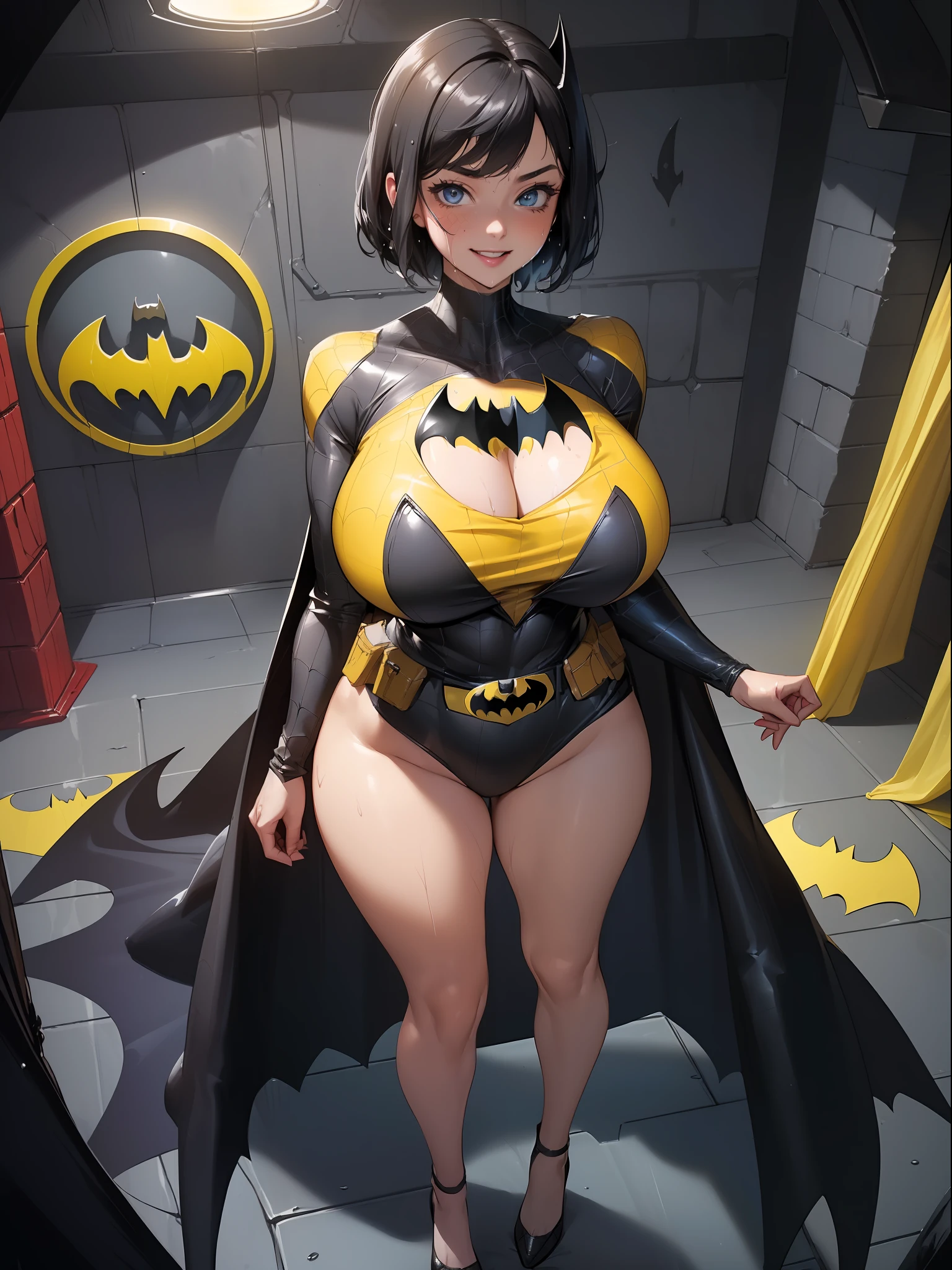 (Full body image:1.4), (Laurana/Woman:1.5), (Big breasts:2), (Wearing batman costume,Spider-Man/with yellow belt:1.5), (looking at the viewer/smiling:1.3), (She's inside the BatCave in front of the BatMobile:1.5), (She has short black hair:1.3), (light blue eyes:1.3), (her costume is an extremely tight body:1.4), (doing sexy poses while standing: 1.2), (body/hair/extremely wet: 1.4), (award-winning, UHD, anime, high detail, 16k, high quality, masterpiece)
