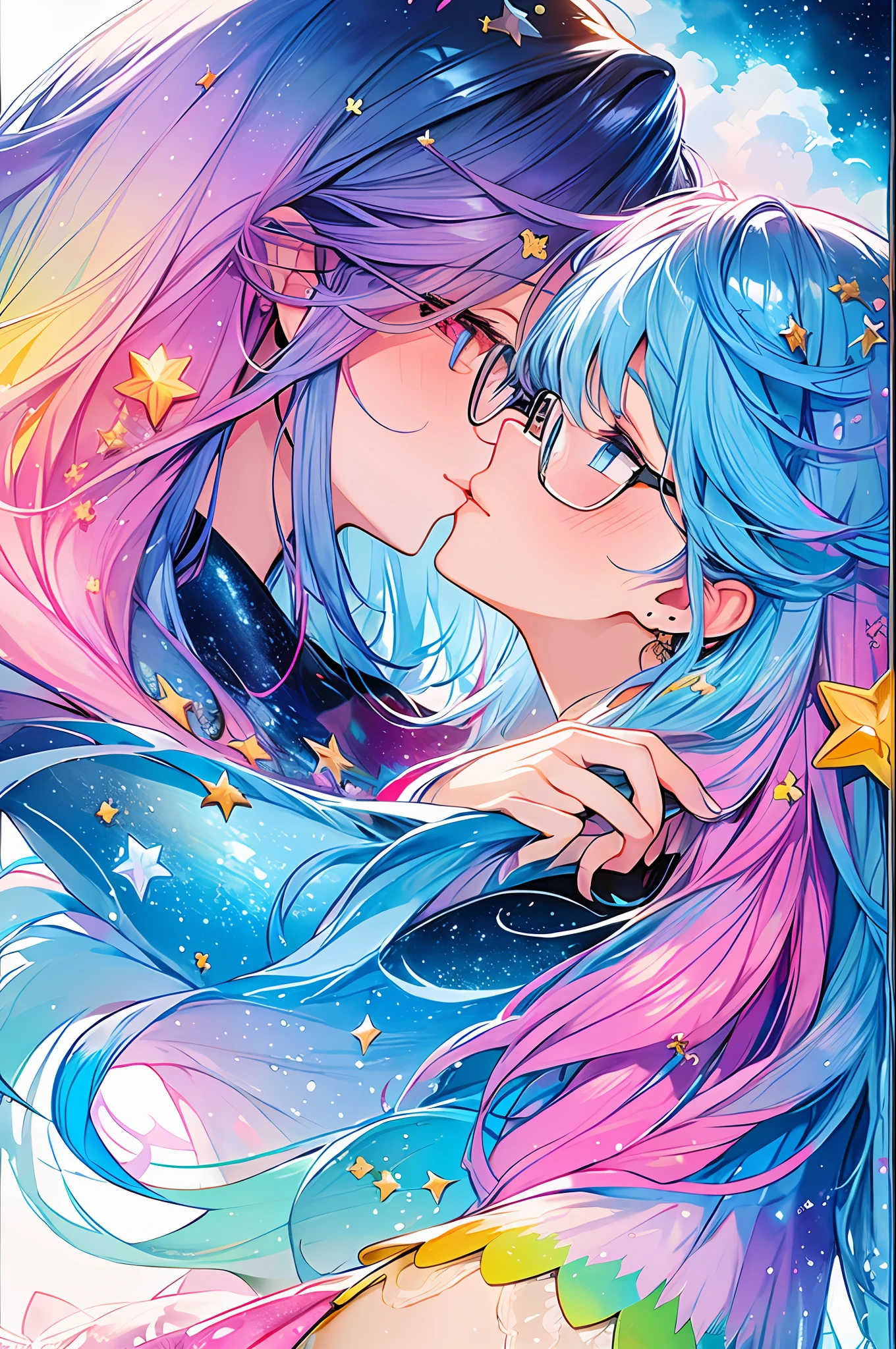 (Masterpiece, Top Quality, Best Quality, Watercolor (Medium), Official Art, Beautiful and Aesthetic: 1.2), (1 Girl: 1.3), (Fractal Art: 1.3), Upper Body, From the Side, Look at the Viewer, Pattern, (Iridescent Hair, Colorful Hair, Half Blue and Half Pink Hair: 1.2), Water, Liquid, Clouds, Colorful, Starry Sky, Stars, Smile, Glasses, Close-up, Heterochromia, (Colorful: 1.5), Eyes Closed, Blush, ((Kiss: 1.2))