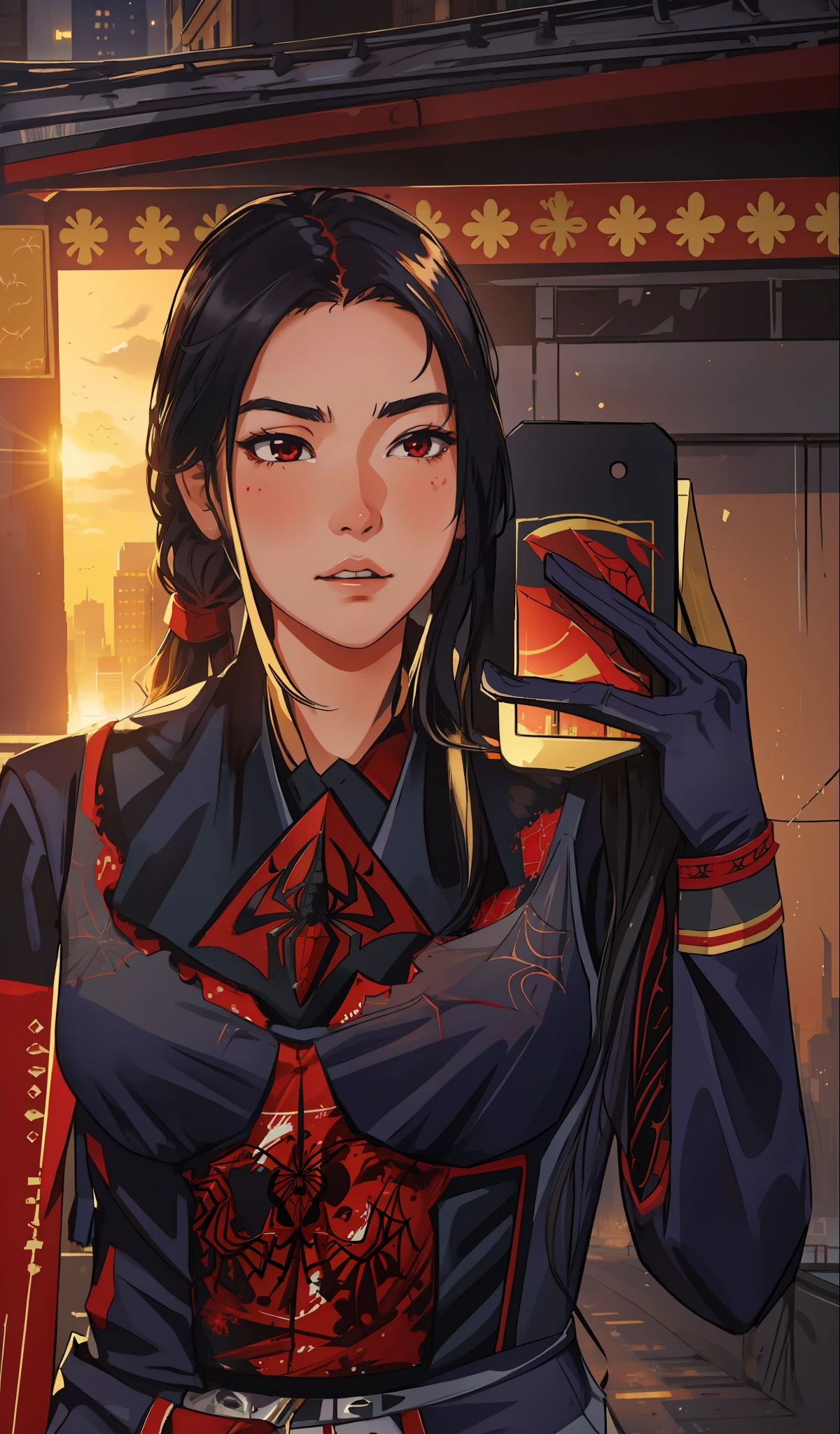 (masterpiece, best quality), intricate details, 8k, artstation, wallpaper, official art, splash art, sharp focus,
1girl, Nakiri Ayame, long hair, twin tails, 
 spider suit, spider web printing, spider web,  
skyscrapers, city, buildings, cars, street,