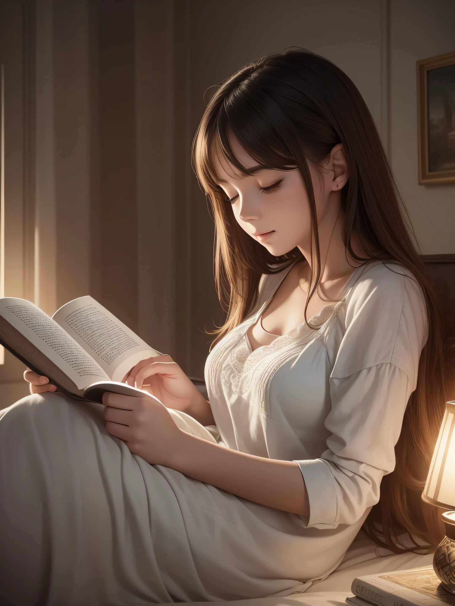 There is a cute beautiful girl reading a book in the evening on the bed, realistic fantasy illustration, soft evening light, ((masterpiece)), best quality