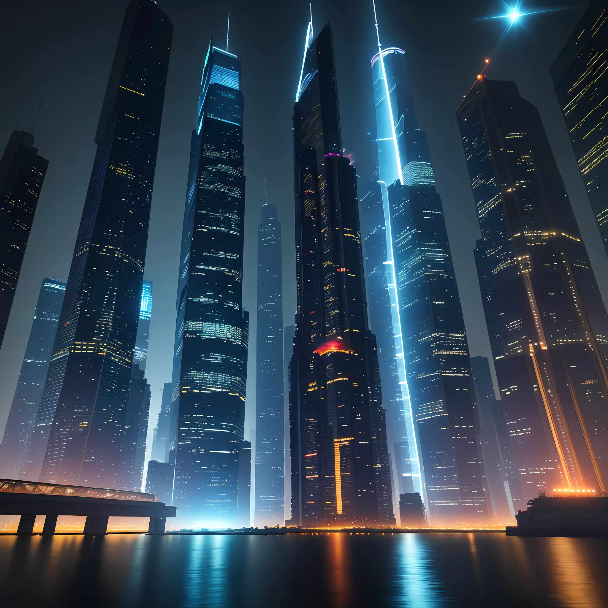 space station skyscraper night view space sci-fi cyberpunk ultra high definition masterpiece