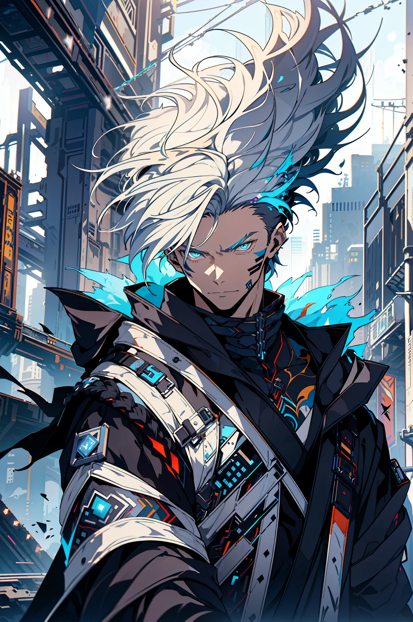 Cyberpunk male, fantasy world, dark background, clean design, epic instagram, artstation, colorful paint splatter, silhouette, hyper detailed intricate details, unreal engine, fantasy, intricate details, splash screen, complementary colors, Fantasy concept art, 8k resolution, deviantart masterpiece, oil painting, heavy strokes, paint dripping, (isolated on white background: 1.3), rainbow skin, (((handsome young man))), ((age:1.5) ), (glowing blue eyes), ((light eyes)), ((((short white hair: 1.1))), ((black clothes)), (prince\\(indifferent expression\\),, ( ((Wears high detail luxurious black robe))), white hair, (chest) --v 6
