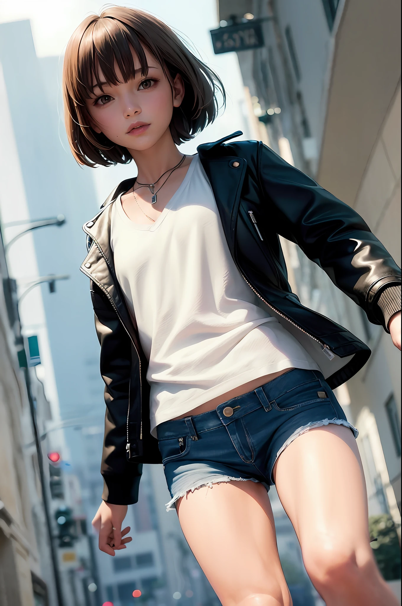 Daylight, Sunlight, (Perfect Figure: 1.1), (Short Wave Hair: 1.2), Russet Hair, Collar, Chain, Upper Body, Standing Posture, Streets with Few People, Wearing Black Vest, Denim Jacket, ((Shorts)), (Extremely Detailed CG 8k Wallpaper), (Extremely Delicate and Beautiful), (Masterpiece), (Best Quality: 1.0), (Ultra High Resolution: 1.0), Beautiful Lighting, Perfect Lightning, Realistic Shadows, [High Resolution], Detailed Skin, Super Detailed
