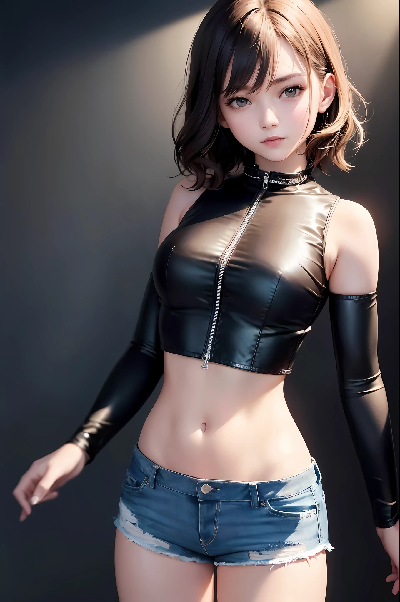 Daylight, sunlight, (perfect body: 1.1), (short wavy hair: 1.2), russet hair, collar, chain, white skin, upper body, standing posture, upper position of head picture, black background, wearing black vest, denim jacket, ((shorts)), (extremely detailed CG 8k wallpaper), (extremely delicate and beautiful), (masterpiece), (best quality: 1.0), (super high resolution: 1.0), beautiful lighting, perfect lightning, realistic shadows, [high resolution], Delicate skin, ultra-detailed