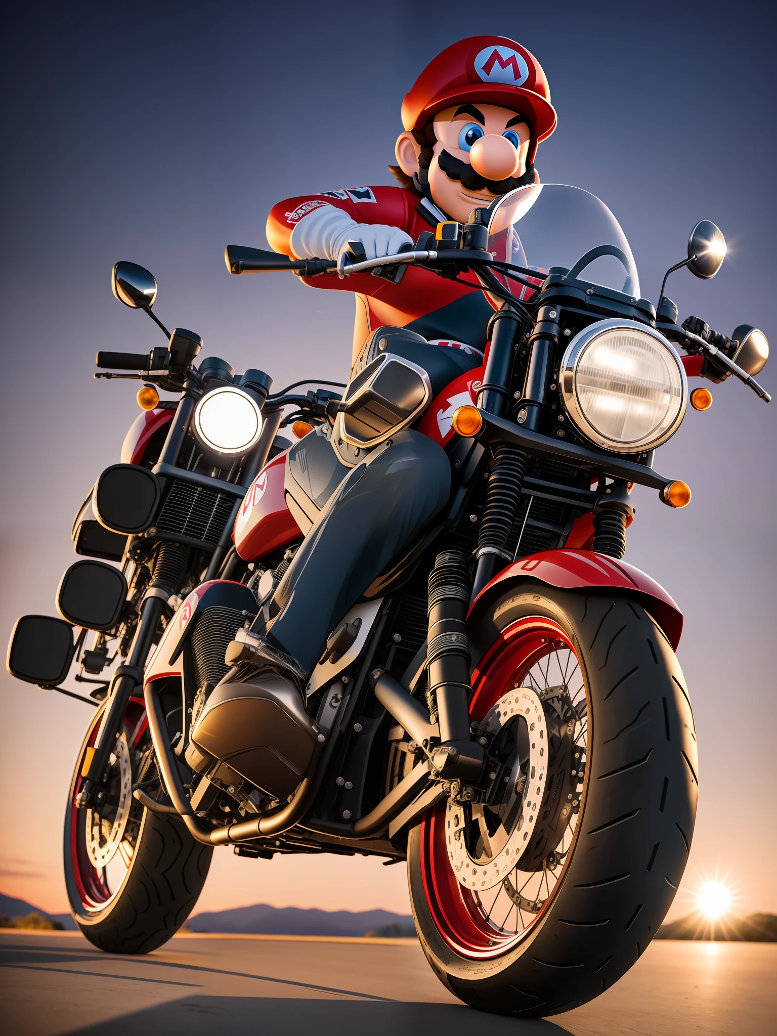 : the motorcycle Mario with a guitar on a background similar to an 8k vinyl, uhd, severe low lighting, high quality, sharp focus, fujifilm XT3 --auto --s2