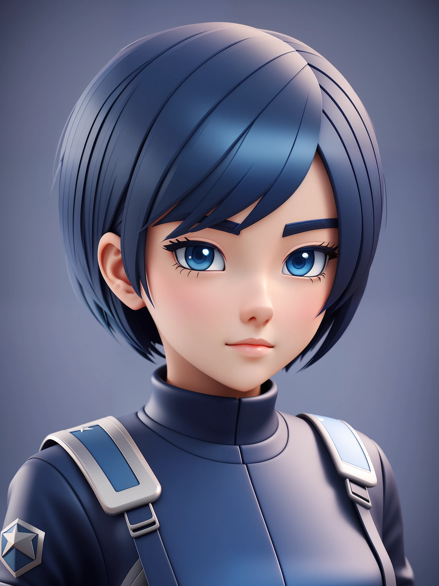 Young girl, a cartoon character light dark blue clothing, (short hair and dark blue), stylized character, animation character, stylized 3d render, 3d character, highly detailed character, stylized anime, stylized 3d, render character, character model, close up, maximum quality