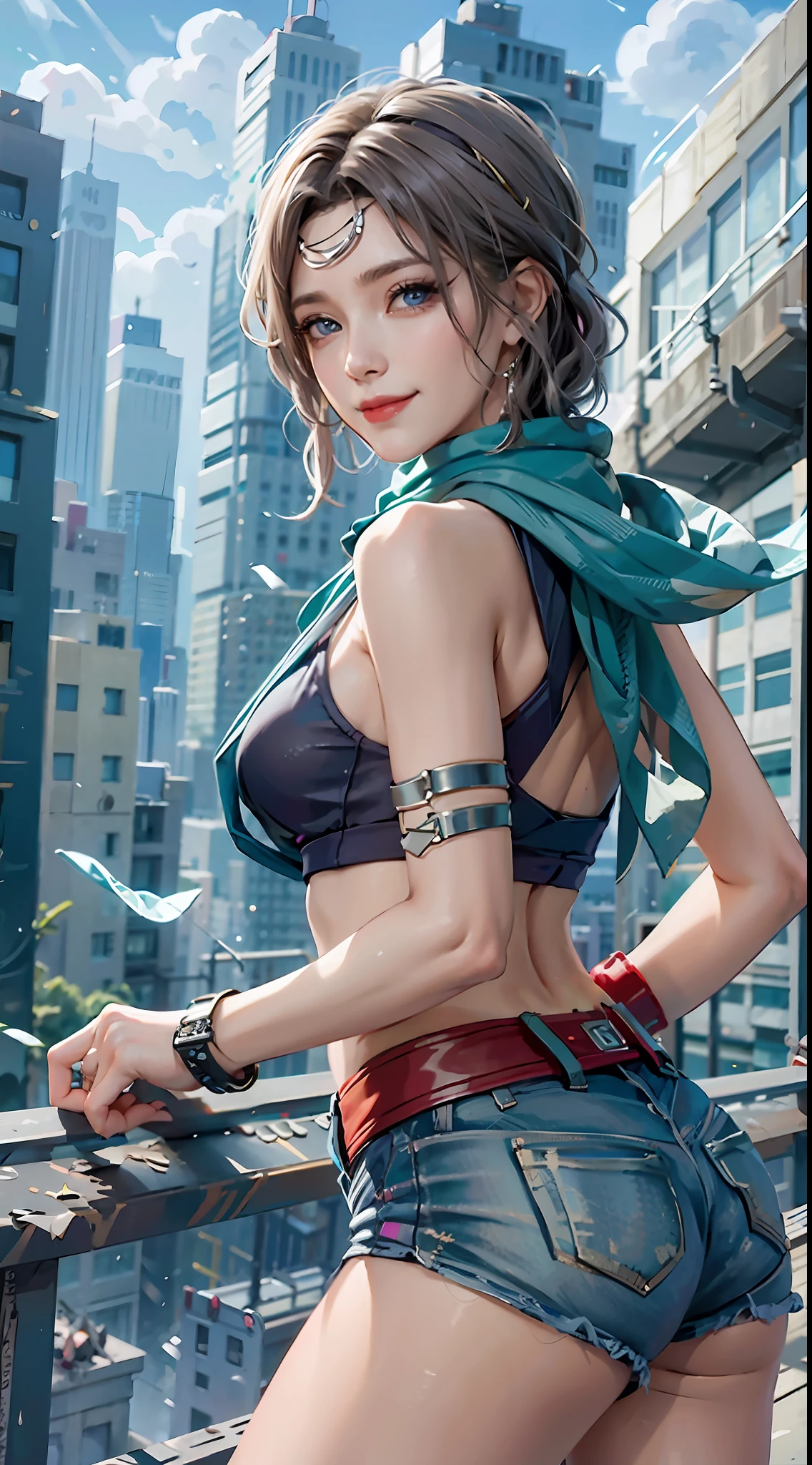 1girl,ass,bare_shoulders,black_scarf,blue_eyes,blue_scarf,bracelet,breasts,building,city,cityscape,green_scarf,grin,hand_on_hip,lamppost,looking_at_viewer,medium_breasts,midriff,night,scarf,short_hair,silver_hair,skyscraper,smile,solo,spiked_bracelet,sports_bra,sweatband,watch,white_hair,white_scarf,wristband,wristwatch