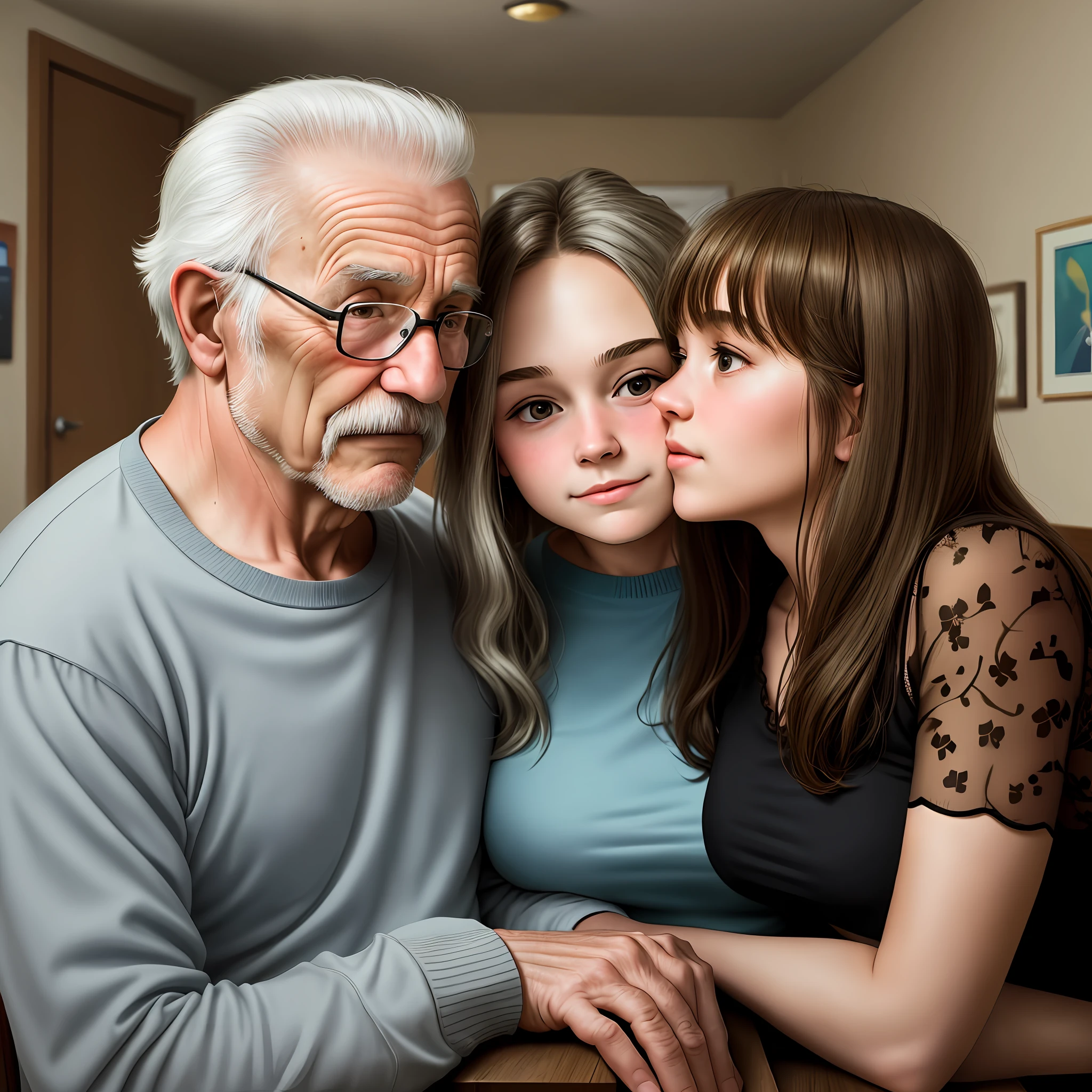 An old man and a teenage girl have and kiss each other in the room