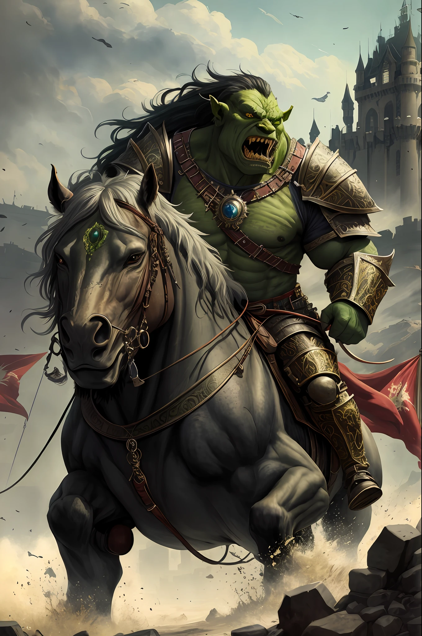 medieval fantasy portrait armored (green-skin:0.1) orc warrior charging into battle violent roar spittle raging angry arms up greaves boots standing in a crowd of warriors red banners windy dust debris storm fantasy stone castle bright morning light from side, (masterpiece:1.2) (illustration:1.2) (best quality) (detailed) (intricate) (8k) (HDR) (wallpaper) (cinematic lighting) (sharp focus)