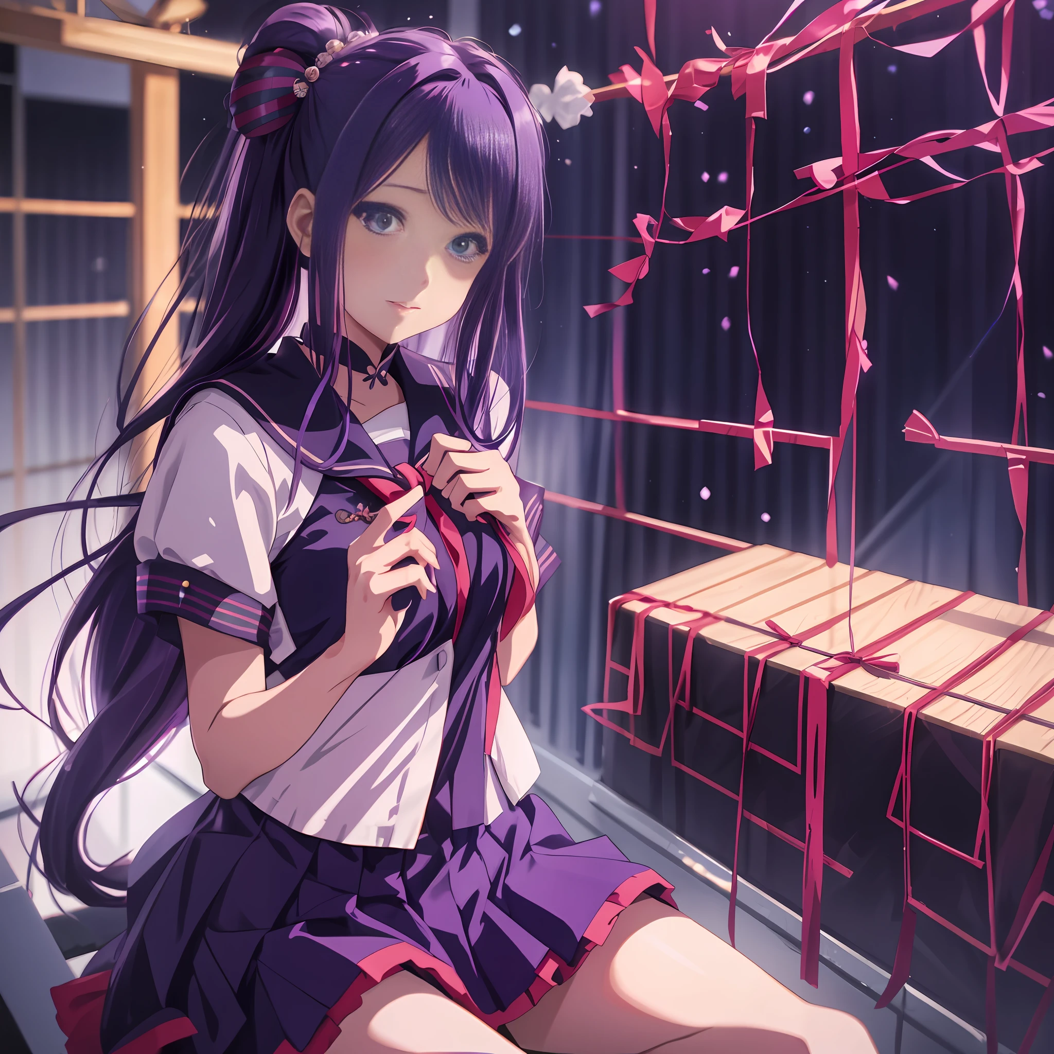 1girl, Purple hair, Hair ornament, Sailor suit, Floating hair, Dark blue pleated skirt, Ruffled skirt, Kyoto, Koto, High definition, 8K, 4K, High Quality, Anime, Beautiful Girl, Shy, Blue eyes, Hair down