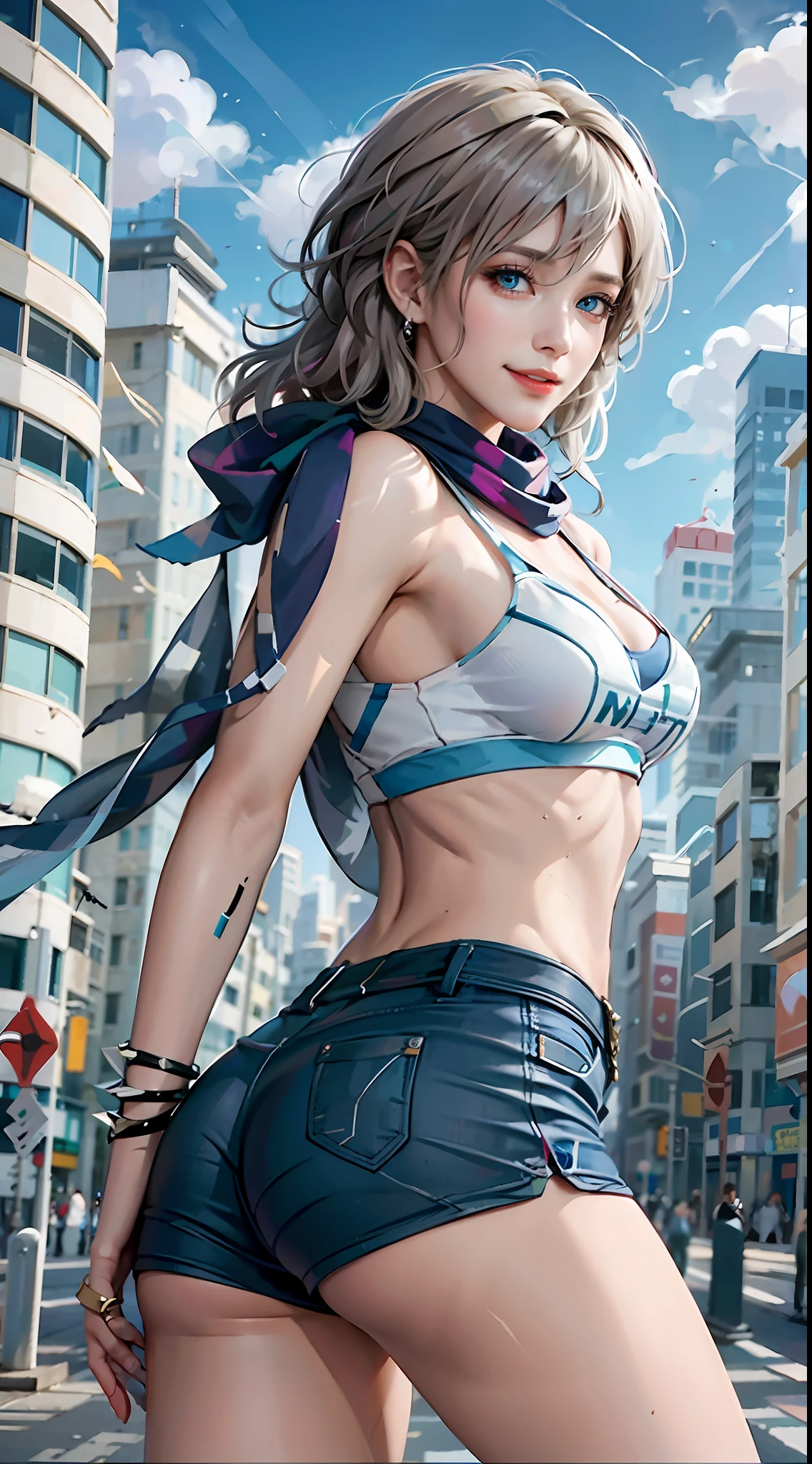 1girl,ass,bare_shoulders,black_scarf,blue_eyes,blue_scarf,bracelet,breasts,building,city,cityscape,green_scarf,grin,hand_on_hip,lamppost,looking_at_viewer,medium_breasts,midriff,night,scarf,short_hair,silver_hair,skyscraper,smile,solo,spiked_bracelet,sports_bra,sweatband,watch,white_hair,white_scarf,wristband,wristwatch