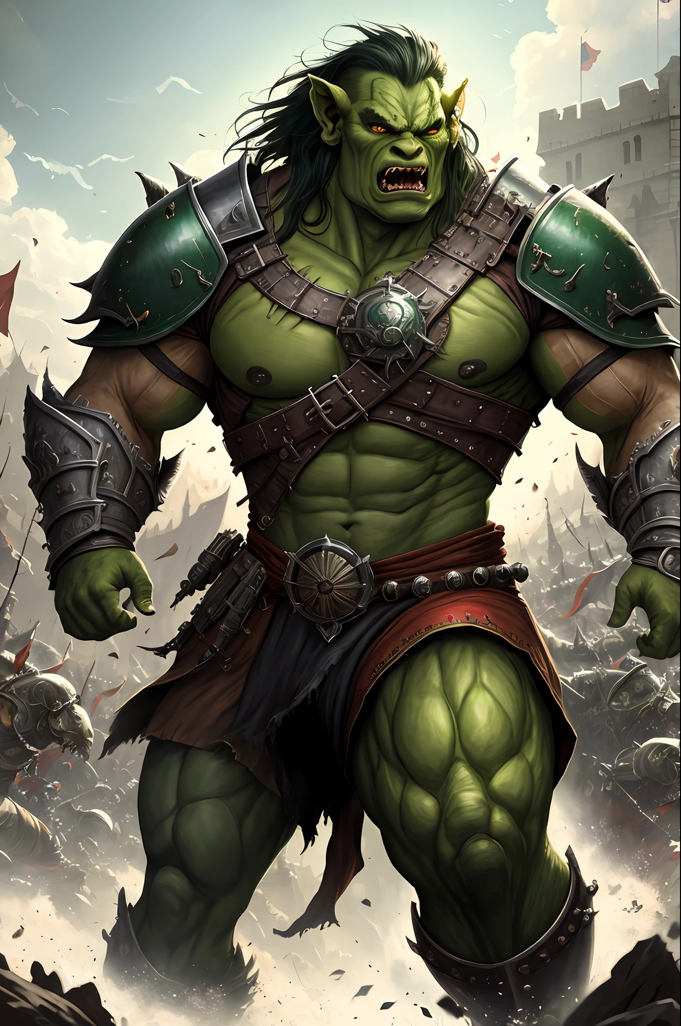 zrpgstyle, medieval fantasy portrait armored (green-skin:0.1) orc warrior charging into battle violent roar spittle raging angry arms up greaves boots standing in a crowd of warriors red banners windy dust debris storm fantasy stone castle bright morning light from side, (masterpiece:1.2) (illustration:1.2) (best quality) (detailed) (intricate) (8k) (HDR) (wallpaper) (cinematic lighting) (sharp focus)