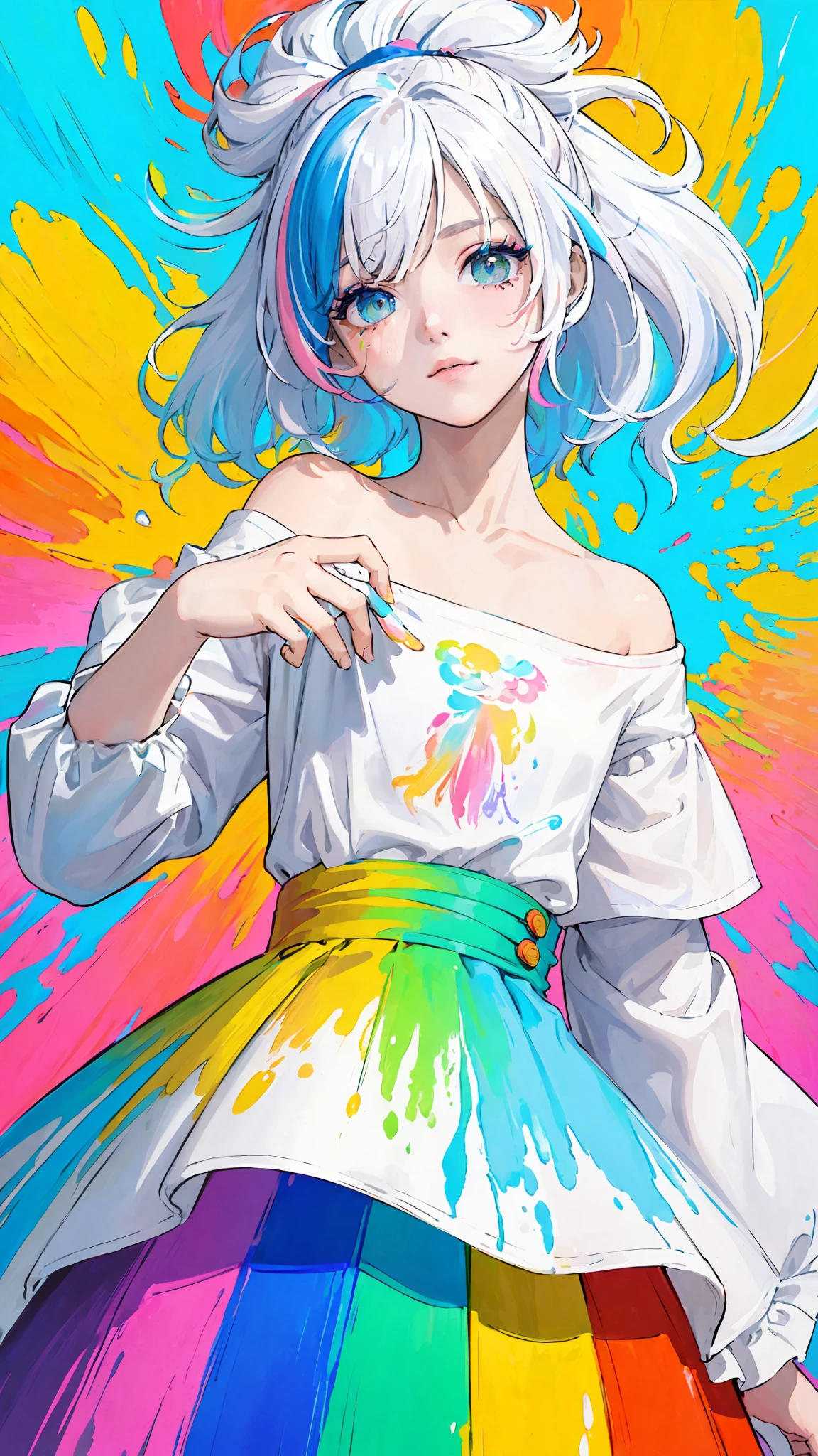 (Pink Fashion T-shirt:1.9),(Colorful hair: 1.8), (all the colours of the rainbow: 1.8),(((((vertical painting:1.6))), (painting:1.6),front, comics, illustrations, paintings, large eyes, crystal clear eyes,( rainbow color gradient high ponytail:1.7), exquisite makeup, closed mouth,(Small Fresh: 1.5),(Wipe Chest: 1.6) ,long eyelashes, white off shoulder T-shirt, White Shoulder Shirt,looking at the audience, large watery eyes, (rainbow colored hair:1.6), color splash, (solo:1.8), color splash, color explosion, thick paint style, messy lines, ((shining)),(colorful), (colorful), (colorful), colorful, Thick Paint Style, (Splash) (Color Splash), Vertical Painting, Upper Body, Paint Splash, Acrylic Pigment, Gradient, Paint, Highest Image Quality, Highest Quality, Masterpiece, Solo, Depth of Field, Face Paint, colorful clothes, (Elegant: 1.2), gorgeous,long hair, wind, (Elegant: 1.3), (Petals: 1.4),(((masterpiece))),(((best quality))),((ultra-detailed)),(illustration),(dynamic angle),((floating)),(paint),((disheveled hair)),(solo),(1girl) , (((detailed anima face))),((beautiful detailed face)),collar,bare shoulders,white hair, ((colorful hair)),((streaked hair)),beautiful detailed eyes,(Gradient color eyes),(((colorful eyes))),(((colorful background))),(((high saturation))),(((surrounded by colorful splashes))),
