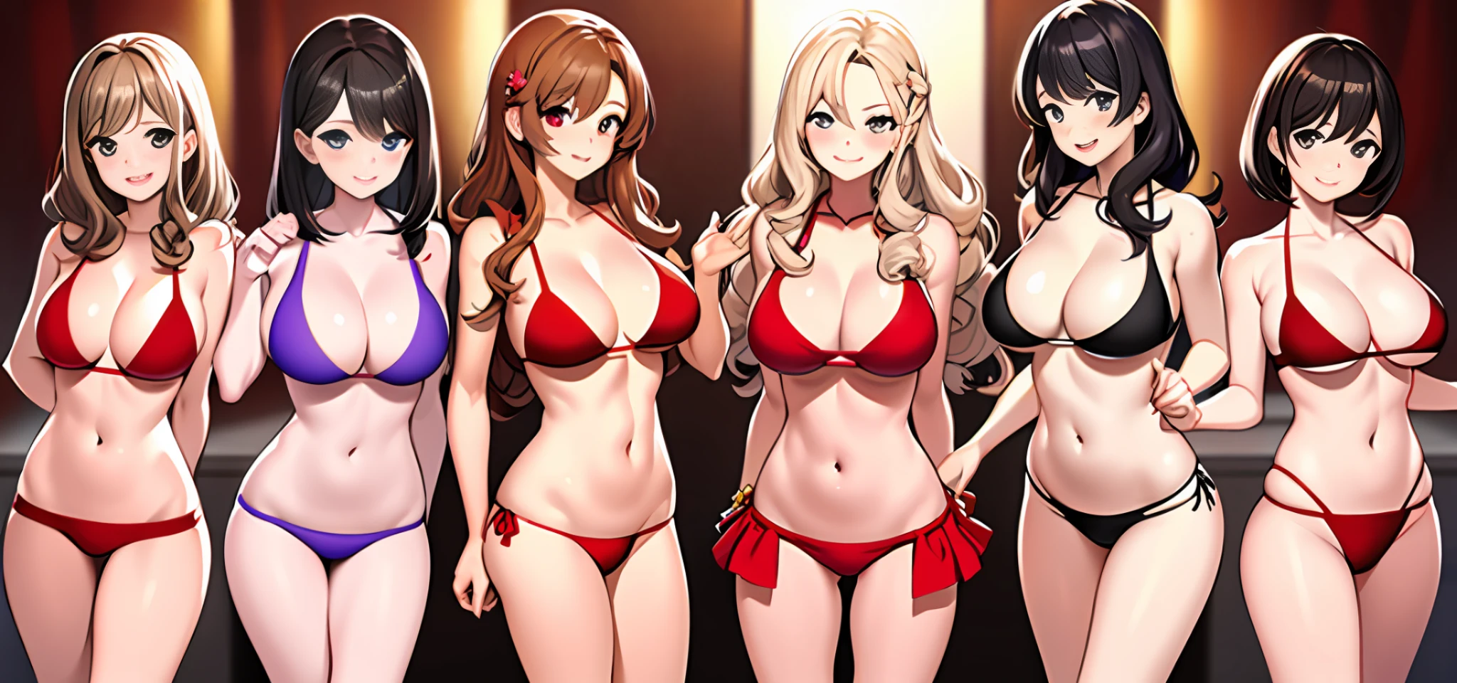 {{{masterpiece}}}, {{{{{official art}}}}}, ((best quality)), many womans, clones, group shot, curly brown hair, matching hairstyle, red bikinis, matching bikinis, colorful,