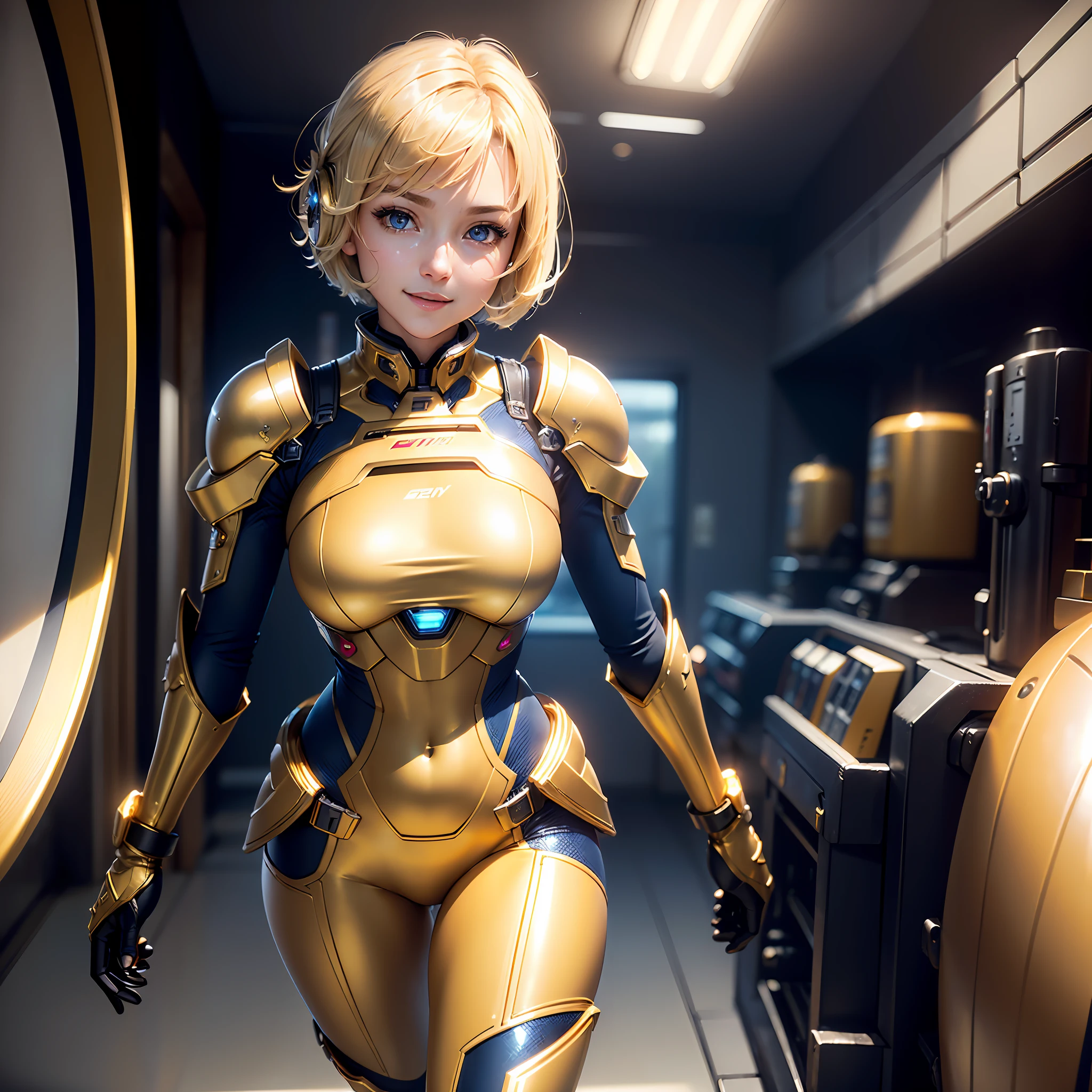 (Masterpiece, highest quality, highest resolution, distinct_image, very elaborate CG, cinematic lighting, ray tracing, drop shadows, detailed detail, (photorealistic: 1.4), high quality textures, fine-grained, realistic face expression): (single girl, face is Japan, blonde girl, short hair, small size breasts, Detailed Gundam cockpit with sparkly blue colored eyes, eye level shots, metallic gold colored flight suits, tight fitting clothes, full-body covering clothes, light smile, beauty, slim body, exoskeleton, heroine, headset, long boots, gloves, solo ride)