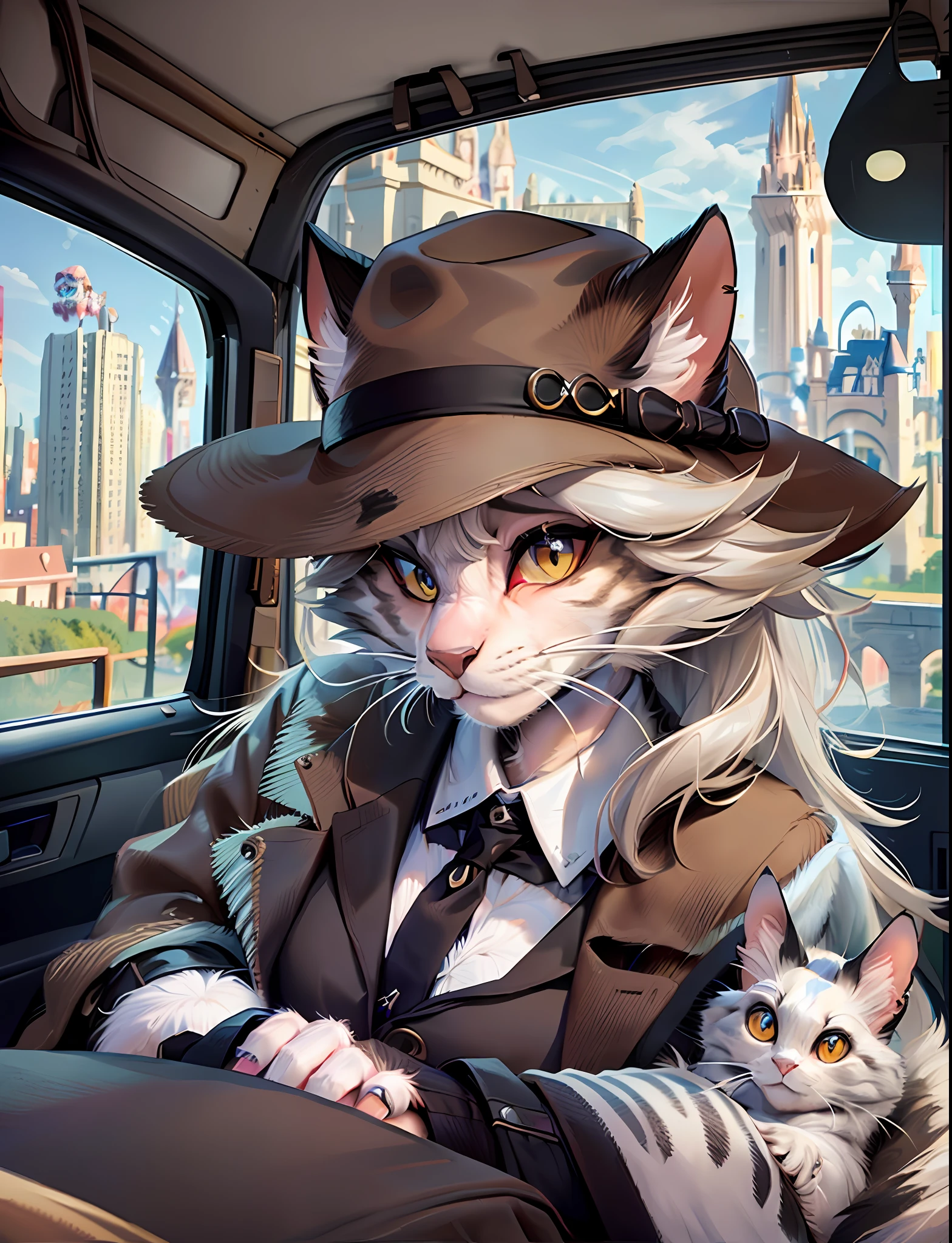 transmorphous Angora cat male, mostly brown, chapel fedora, driving a car, city, Disney style