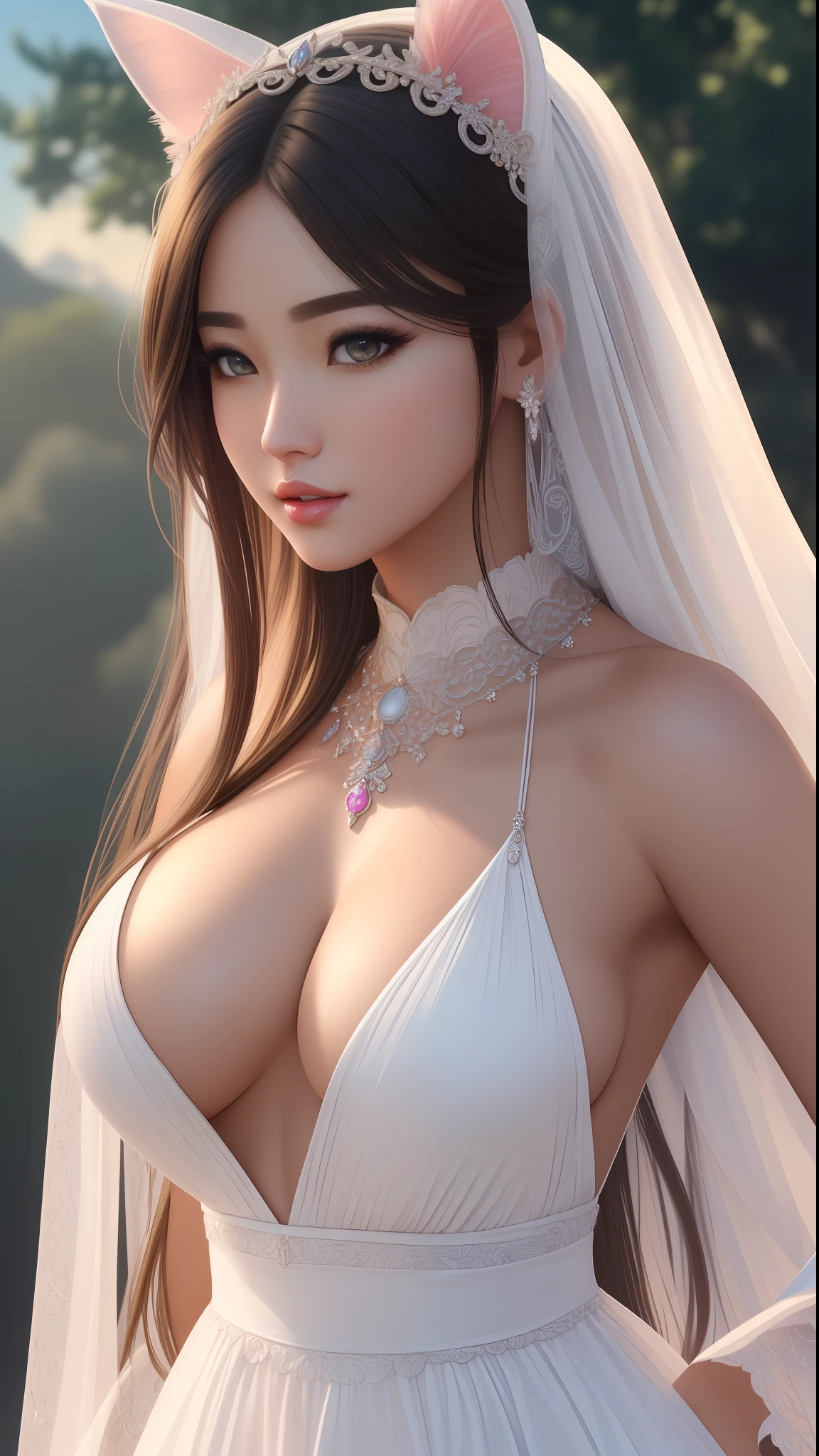 (masterpiece, best quality, extremely detailed 8k, ultra hd, ultra-detailed, highly detailed, highly realistic, photo realistic), (korean, 1girl:1.5), (highly proportional head, 1head:1.5), (beautiful realistic face, detailed realistic face), (high detailed realistic hair, beautiful realistic hairstyle), (beautiful realistic eyes, high detailed realistic eyes, proportional eyes, high detailed pupils), (high detailed realistic natural eyebrows), (high detailed realistic lips, beautiful realistic lips, pink lipsticks, sexy lips), (high proportional realistic breasts, realistic medium breasts), slender abs, highly detailed skin, full body view, full body shot, hands back, (extremely detailed CG unity 8k), artstation, (goddess), (dark blue skin color), extremely detailed long cat ears, (detailed long white dress), extremely detailed face, (very sexy), ((nsfw)), extremely detailed body, (sky background), long hair, long detailed tail,