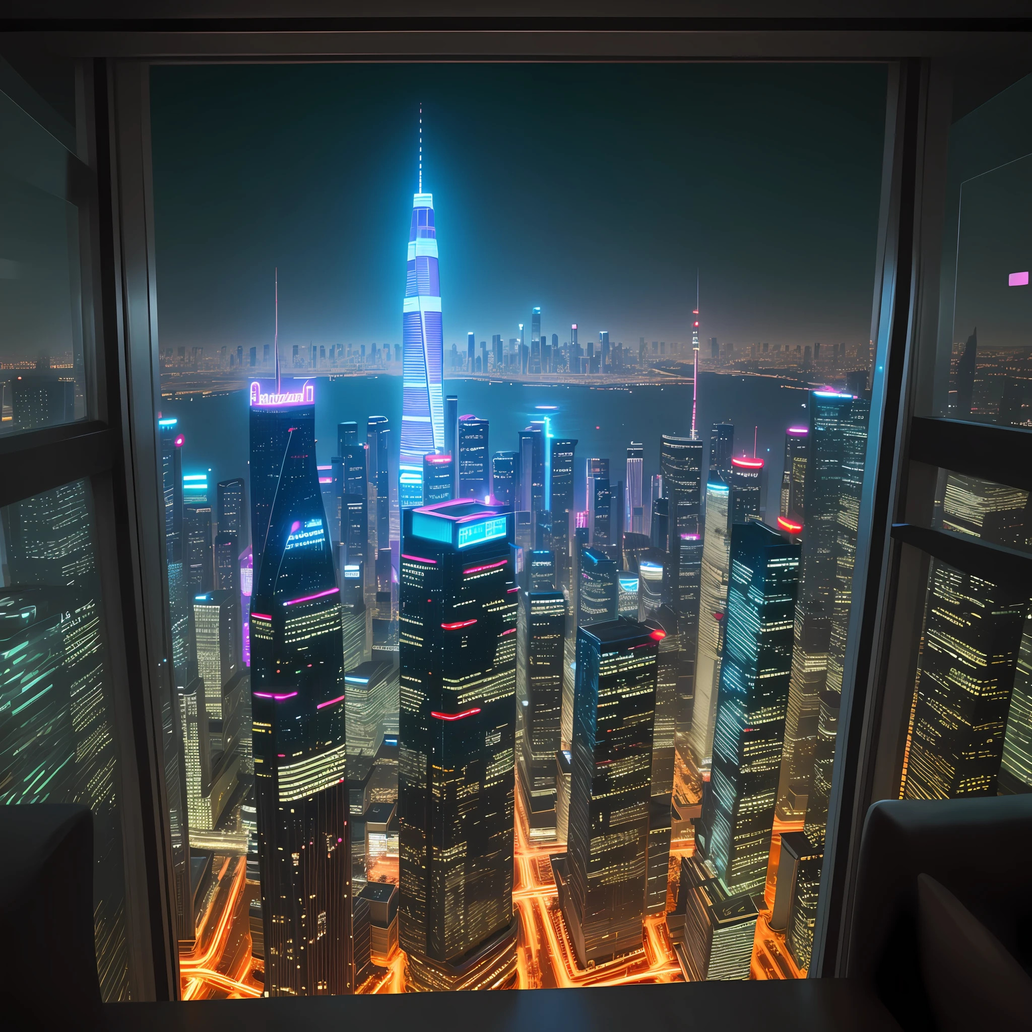 View from a hotel suite Night view of skyscrapers Neon Cyberpunk Big city Big city Sci-fi Ultra High Definition Top Quality Masterpiece