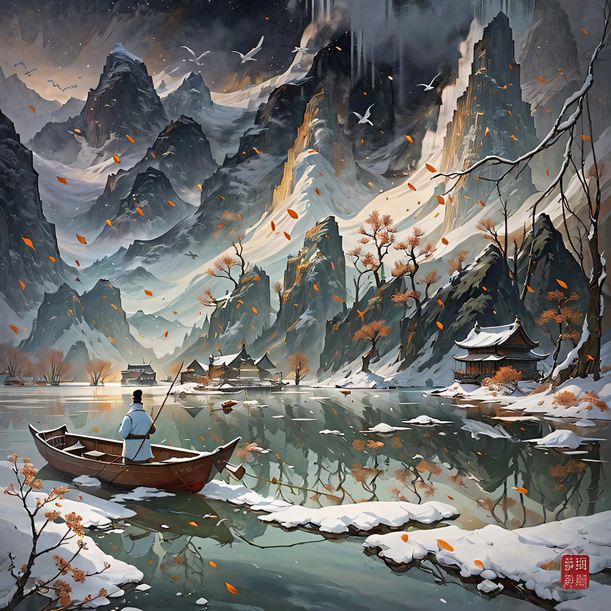 painting of a man in a boat on a lake surrounded by mountains, by Yang J, a beautiful artwork illustration, beautiful digital artwork, by Victor Wang, by Jason Chan, stunning digital illustration, by Fan Qi, by Raymond Han, detailed painting 4 k, very detailed digital painting, bussiere rutkowski andreas rocha, inspired by Fenghua Zhong