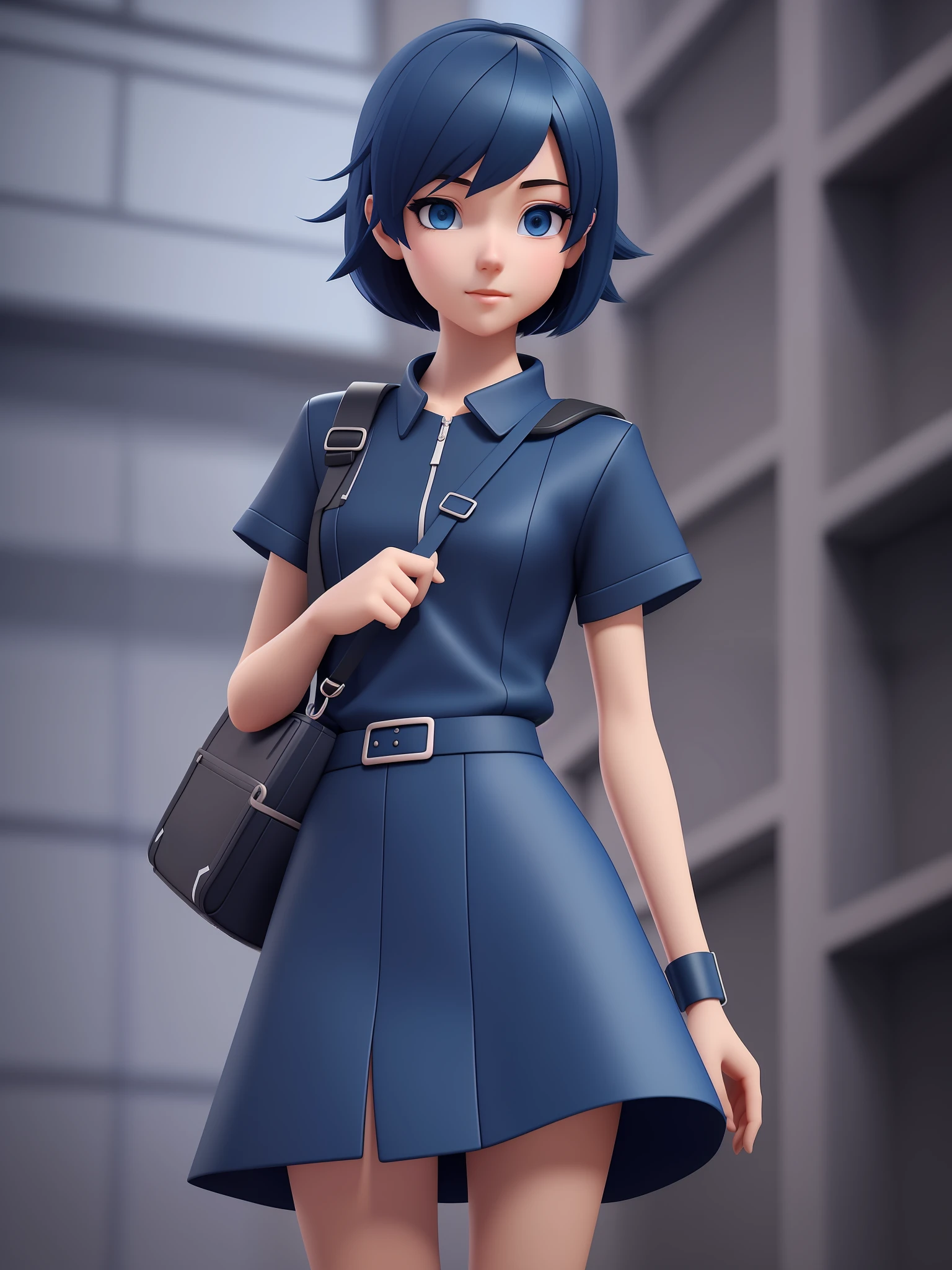 Young girl, a cartoon character light dark blue clothing, (short hair and dark blue), stylized character, animation character, stylized 3d render, 3d character, highly detailed character, stylized anime, stylized 3d, render character, character model, close up, maximum quality