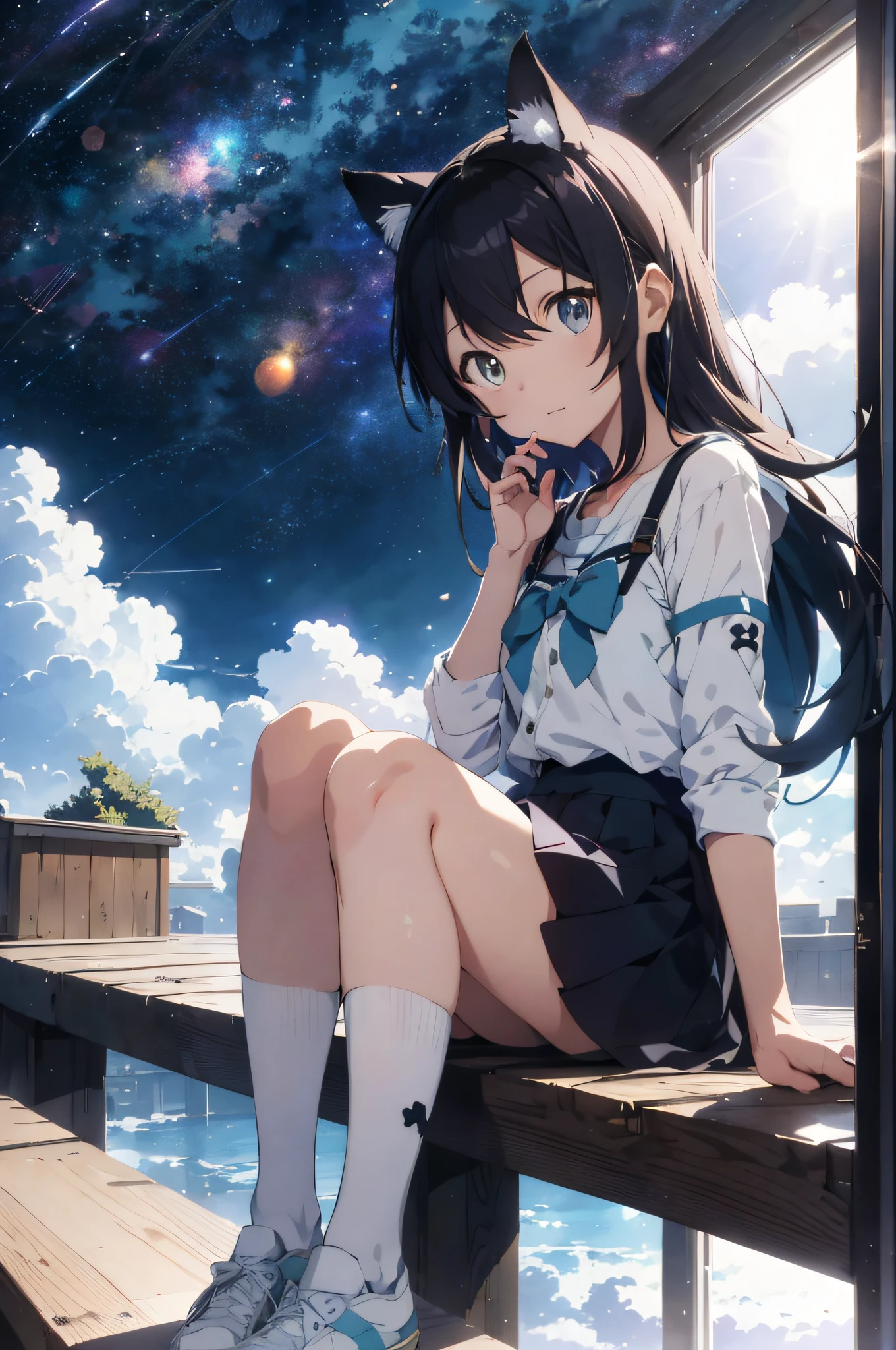 Anime cat-eared girl sitting on a shelf looking at the sky, anime drawings inspired by Makoto Shinkai, trending on pixiv, space art, Makoto Shinkai Cyril Roland, 4K anime wallpapers, anime art wallpaper 8 K, anime art wallpaper 4K, anime wallpaper 4K, anime wallpaper 4K, anime wallpaper 4K