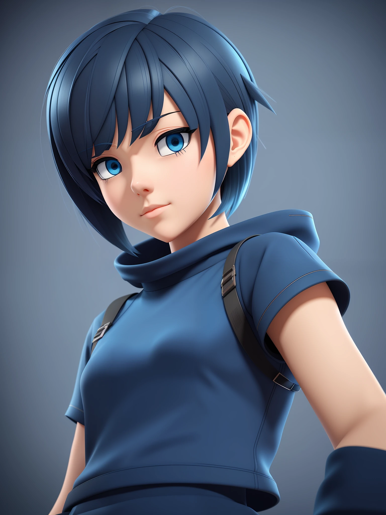 Young girl, a cartoon character light dark blue clothing, (short hair and dark blue), stylized character, animation character, stylized 3d render, 3d character, highly detailed character, stylized anime, stylized 3d, render character, character model, close up, maximum quality