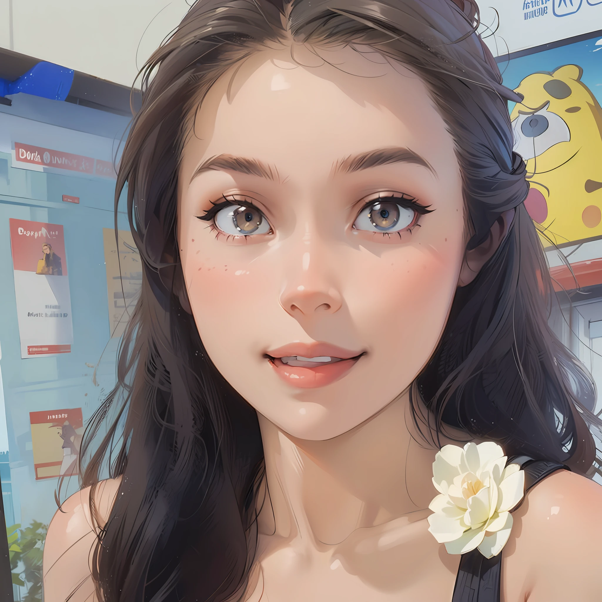 Masterpiece, best quality, 8k, portrait of a girl's head, perfect composition, HDR, intricate, cinematic look, ultra-detailed, playful, toothless smile,