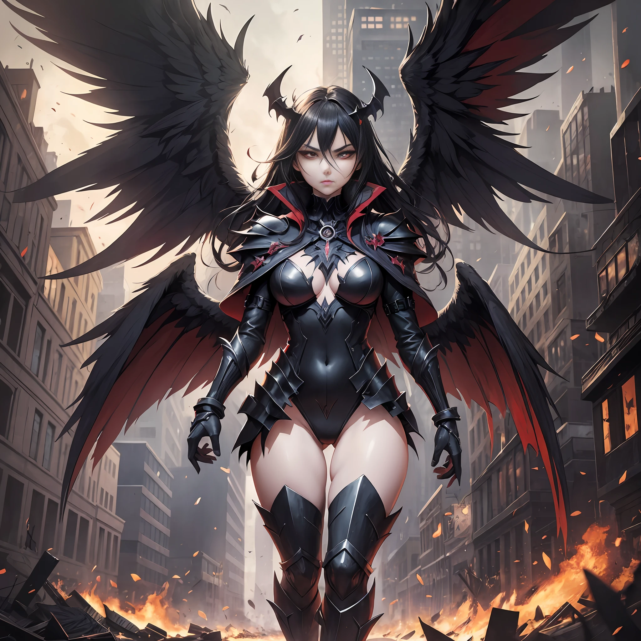 You walk through the streets of an apocalyptic city, everything is on fire and desolation spreads everywhere. Suddenly, you hear a fluttering and turn to see a female evil fallen angel standing in front of you. His demonic wings are huge and beautiful, but they are made of red and black flames that seem to be consuming everything around him. His face, although beautiful, is covered by a dark and menacing shadow. The fallen angel stares at you with his bright red eyes and begins to speak in a deep, sinister voice. He tells you he's willing to do anything to get what he wants, even if it means destroying the entire city. But it also offers you a place by his side, promising you riches and power beyond your wildest dreams. You are frightened, but also attracted by the evil beauty of the fallen angel. However, you know that the city and its inhabitants do not deserve to be destroyed. So you face the fallen angel in an epic battle, fighting against his power and his thirst for revenge. --auto --s2