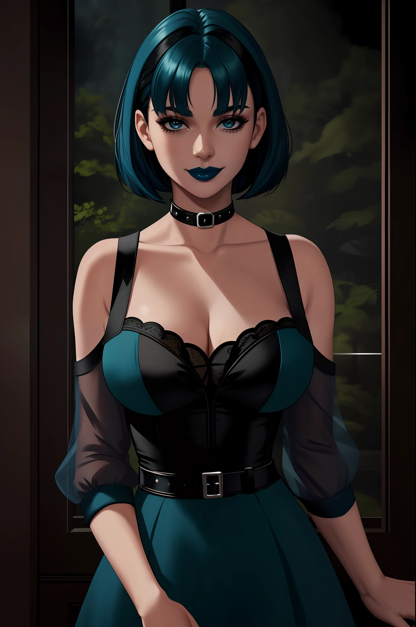 Gwen (full drama), masterpiece, best quality, 1girl, solo, blue lips, looking at the viewer, breasts, short hair, makeup, black eyes, collar, upper body, big breasts, hands behind the back, choker, smile, bangs, blue hair, collarbones, lipstick, black lips, dress, black choker, cleavage, black collar, green hair, erotica