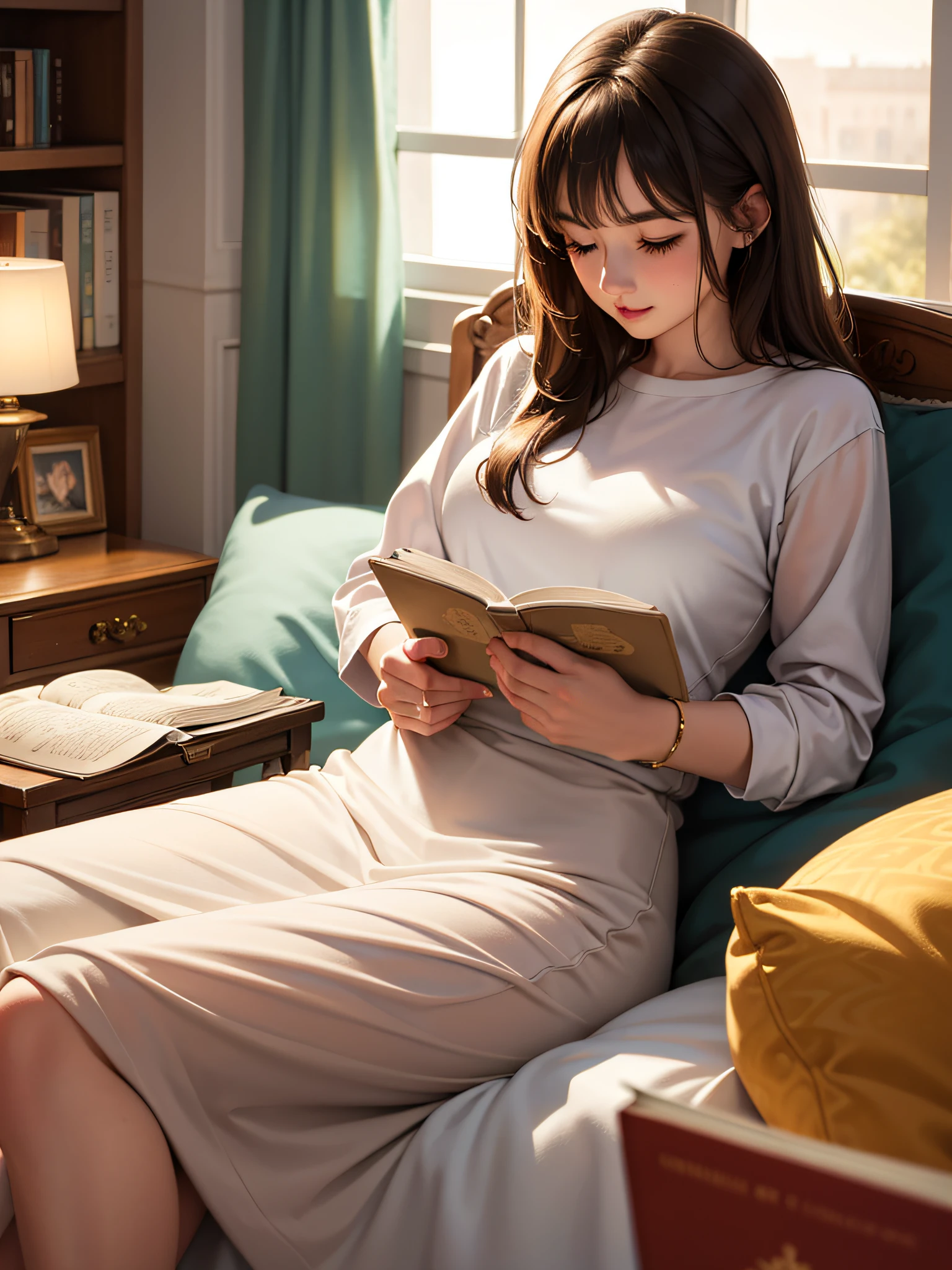There is a cute beautiful girl reading a book in the evening on the bed, realistic fantasy illustration, soft evening light, ((masterpiece)), best quality