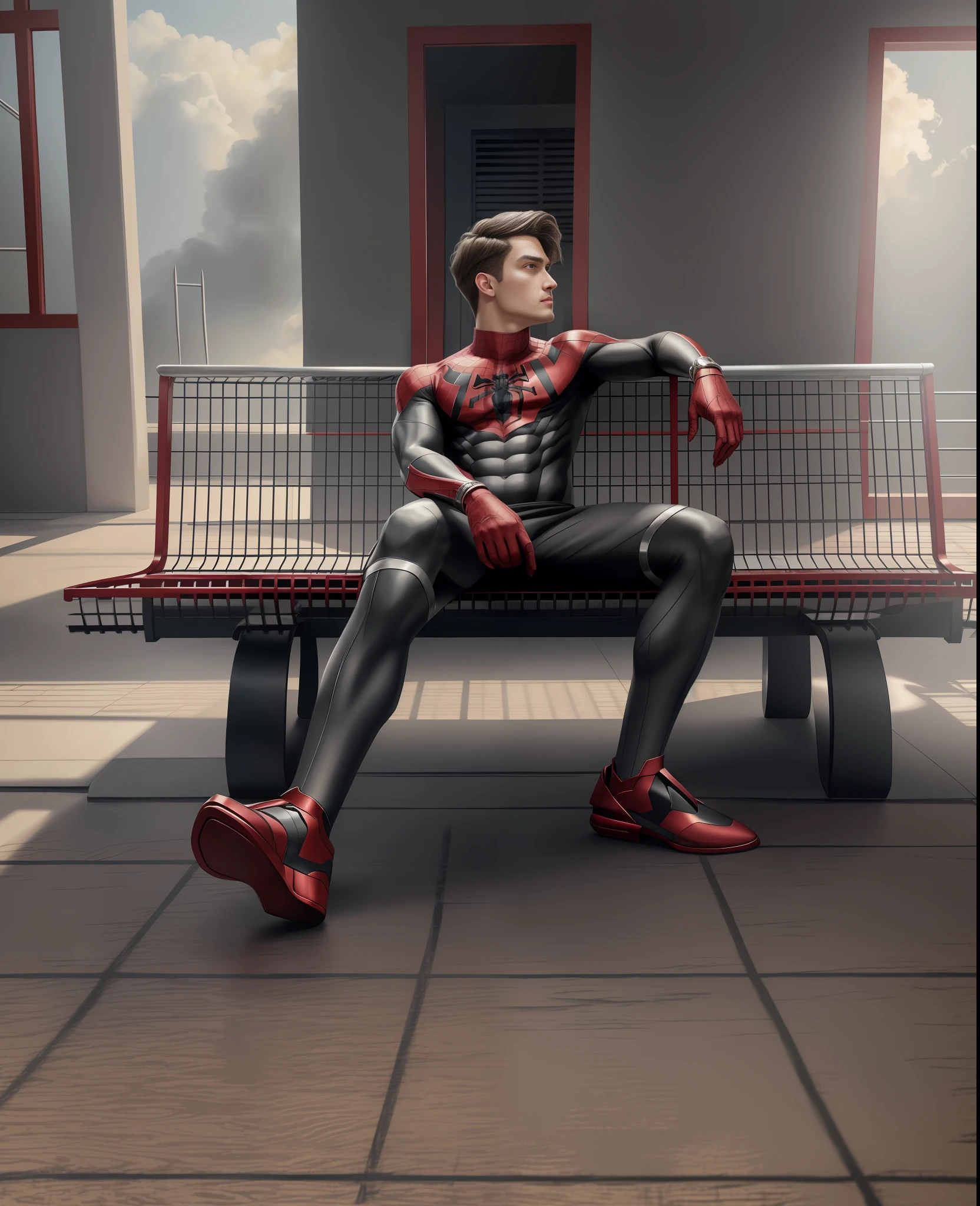 (((male supspr full body))), (((red metal fourlegs))), (((silver bracelets))), (((sharp fingers))), a spider-man with a red and black suit sitting, 8k, unreal engine, octane, by seunghee lee, jang tae-hwan, chocofing r, seungho lee, trend in pixiv, fanbox, skeb, masterpiece, soft and soft skin, big dreamy eyes, beautiful intricate colored hair, symmetrical, anime wide eyes, soft lighting, concept art, digital painting,