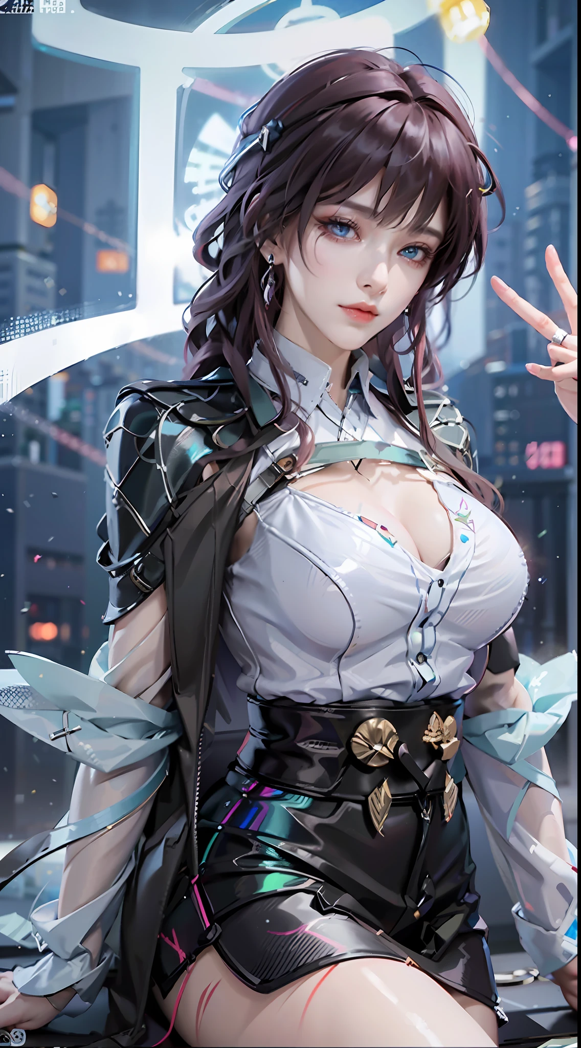 ((((7分身镜头)))),cowboy_shot,masterpiece, best quality,ultra-detailed, extremely detailed 16k CG wallpaper,beautiful face,(a esport mature demon in esport room),(perfect beautiful curvy figure),sitting,iridescent gem eyes,crescentic pupils, wearing resin holographic open coat,crop top overhang,mini Pleated skirt,Bell collar,logo,Iong hair,Contour light, concert, neon lights, audio, Bell collar,esports headphones,computer, esports room, playing games, white inside through the red skin,Holographic projection,planisphere,graffiti signs,highly detailed tattoo_,gothic,cyberpunk,fantasy,Science fiction,From the movie Matrix,Sparkling light flowing string,anti-magic three-dimensional protective shield,iridescetnt,stunning,chic,gorgeous,attractive,amazing,((((7分身镜头)))),cowboy_shot
创作信息