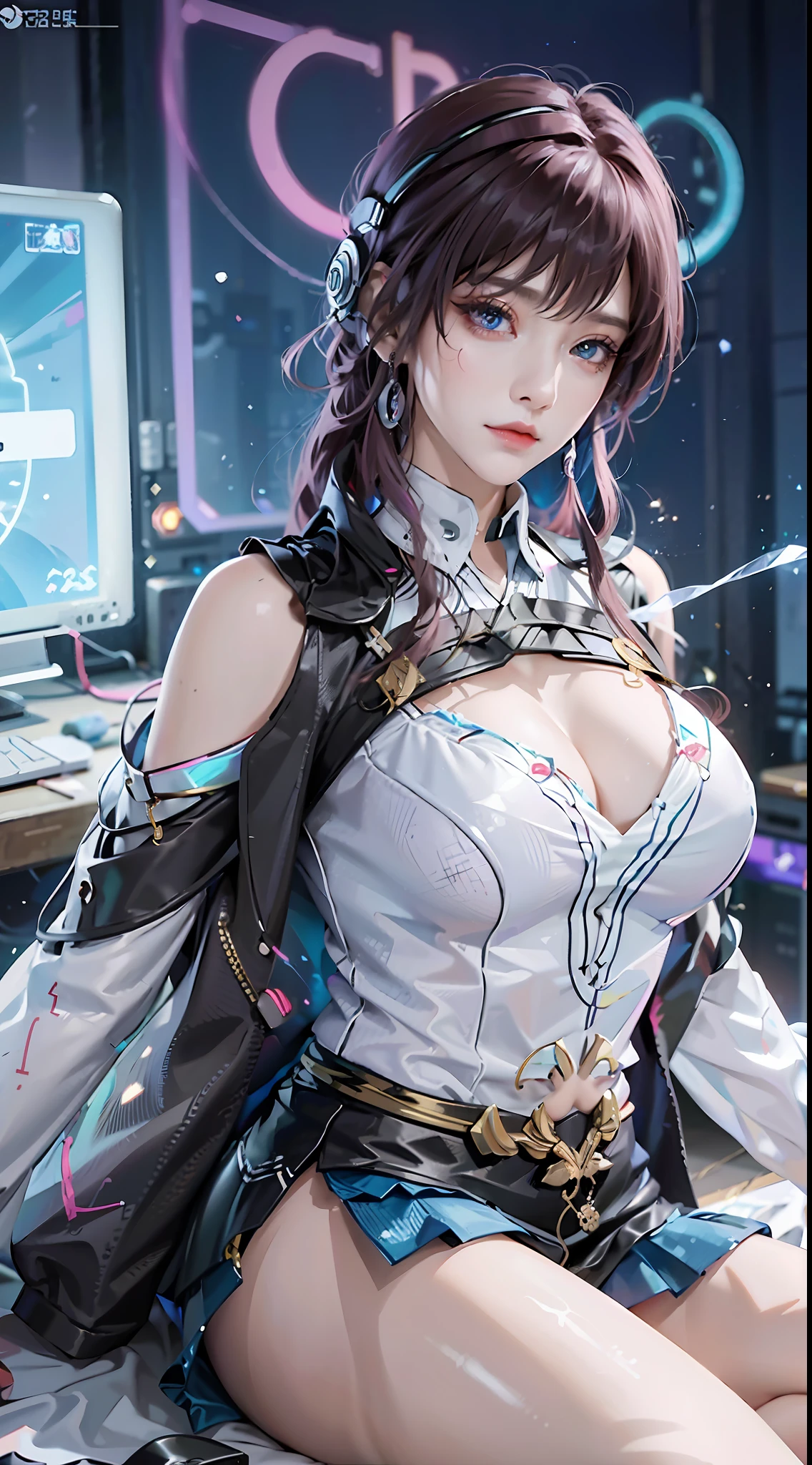 ((((7分身镜头)))),cowboy_shot,masterpiece, best quality,ultra-detailed, extremely detailed 16k CG wallpaper,beautiful face,(a esport mature demon in esport room),(perfect beautiful curvy figure),sitting,iridescent gem eyes,crescentic pupils, wearing resin holographic open coat,crop top overhang,mini Pleated skirt,Bell collar,logo,Iong hair,Contour light, concert, neon lights, audio, Bell collar,esports headphones,computer, esports room, playing games, white inside through the red skin,Holographic projection,planisphere,graffiti signs,highly detailed tattoo_,gothic,cyberpunk,fantasy,Science fiction,From the movie Matrix,Sparkling light flowing string,anti-magic three-dimensional protective shield,iridescetnt,stunning,chic,gorgeous,attractive,amazing,((((7分身镜头)))),cowboy_shot
创作信息