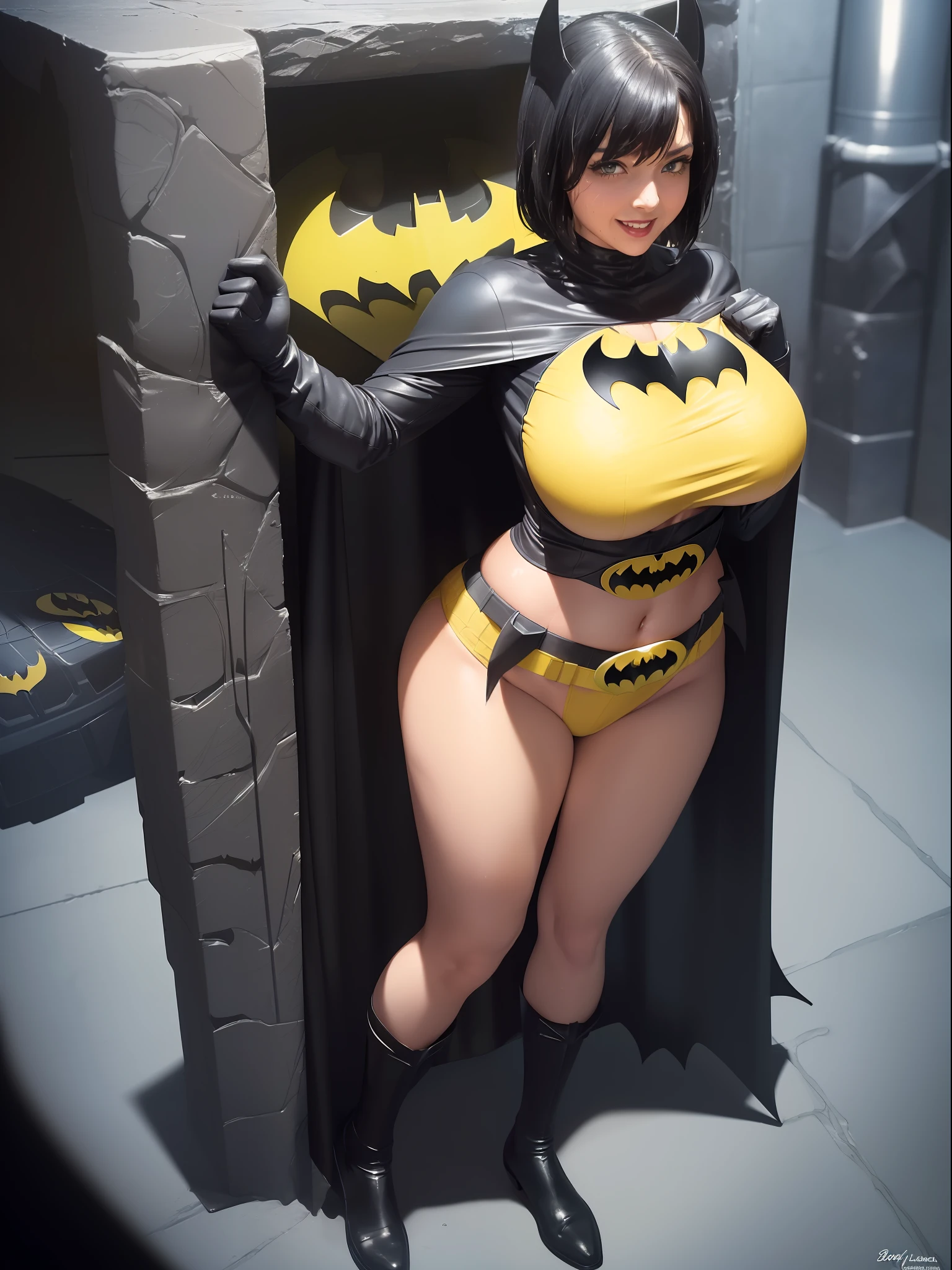 (Full body image:1.4), (Laurana/Woman:1.5), (Big breasts:2), (Wearing batman costume,Spider-Man/with yellow belt:1.5), (looking at the viewer/smiling:1.3), (She's inside the BatCave in front of the BatMobile:1.5), (She has short black hair:1.3), (light blue eyes:1.3), (her costume is an extremely tight body:1.4), (doing sexy poses while standing: 1.2), (body/hair/extremely wet: 1.4), (award-winning, UHD, anime, high detail, 16k, high quality)