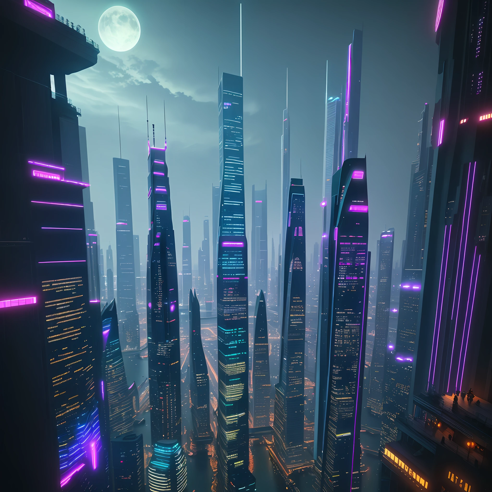 Night view of skyscrapers from a huge bridge floating in the sea Neon Cyberpunk Megastructure Ultra High Resolution Top Quality Masterpiece