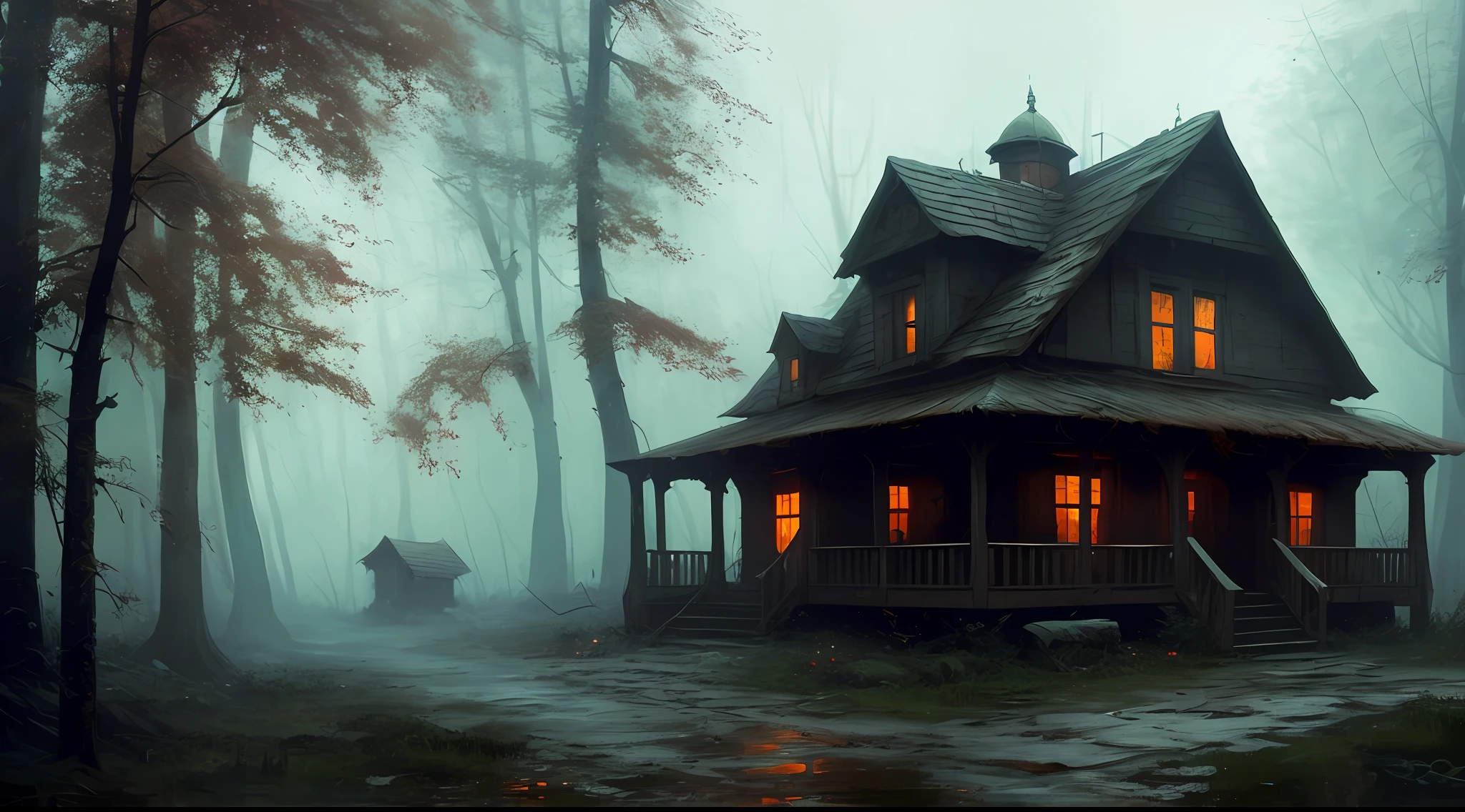 old house in the woods, stefan koidl inspired, bussiere rutkowski andreas rocha, by maxim verehin, inspired by maxim verehin, inspired by Tomasz Jedruszek, dark cinematic concept art, eerie nostalgic concept art, inspired by Igor Kieryluk, inspired by Ismail Inceoglu