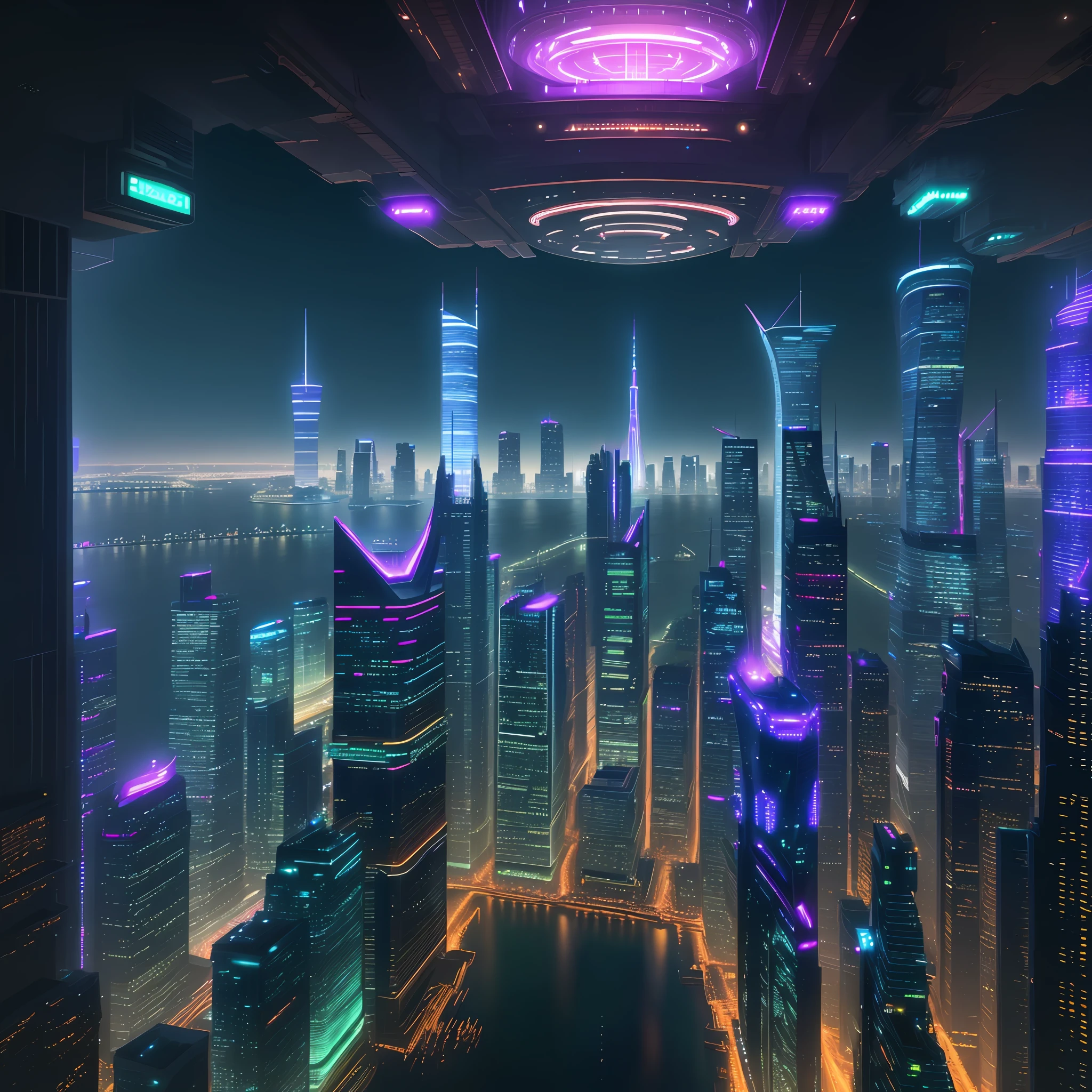 Night view of skyscrapers from a huge bridge floating in the sea Neon Cyberpunk Megastructure Ultra High Resolution Top Quality Masterpiece