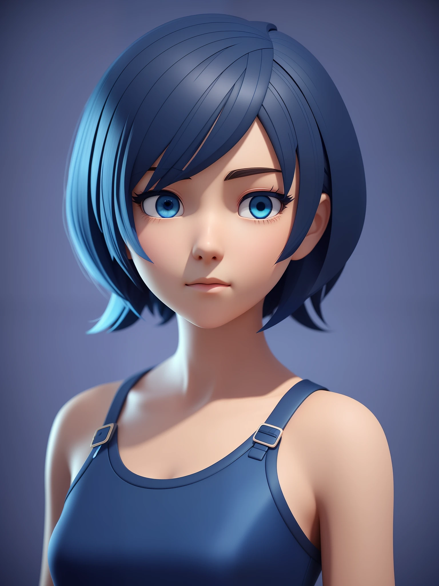 Young girl, a cartoon character light dark blue clothing, (short hair and dark blue), stylized character, animation character, stylized 3d render, 3d character, highly detailed character, stylized anime, stylized 3d, render character, character model, close up, maximum quality