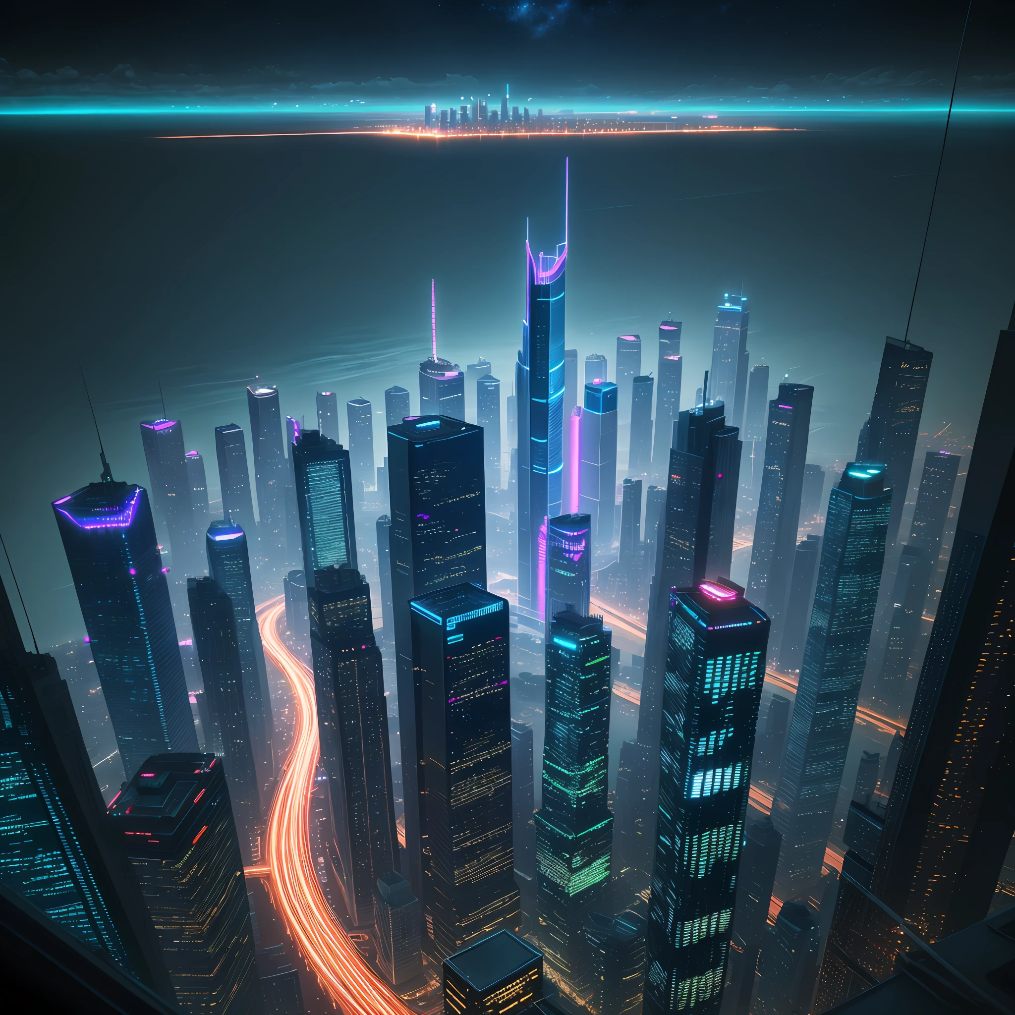 Night view of skyscrapers from a huge bridge floating in the sea Neon Cyberpunk Megastructure Ultra High Resolution Top Quality Masterpiece